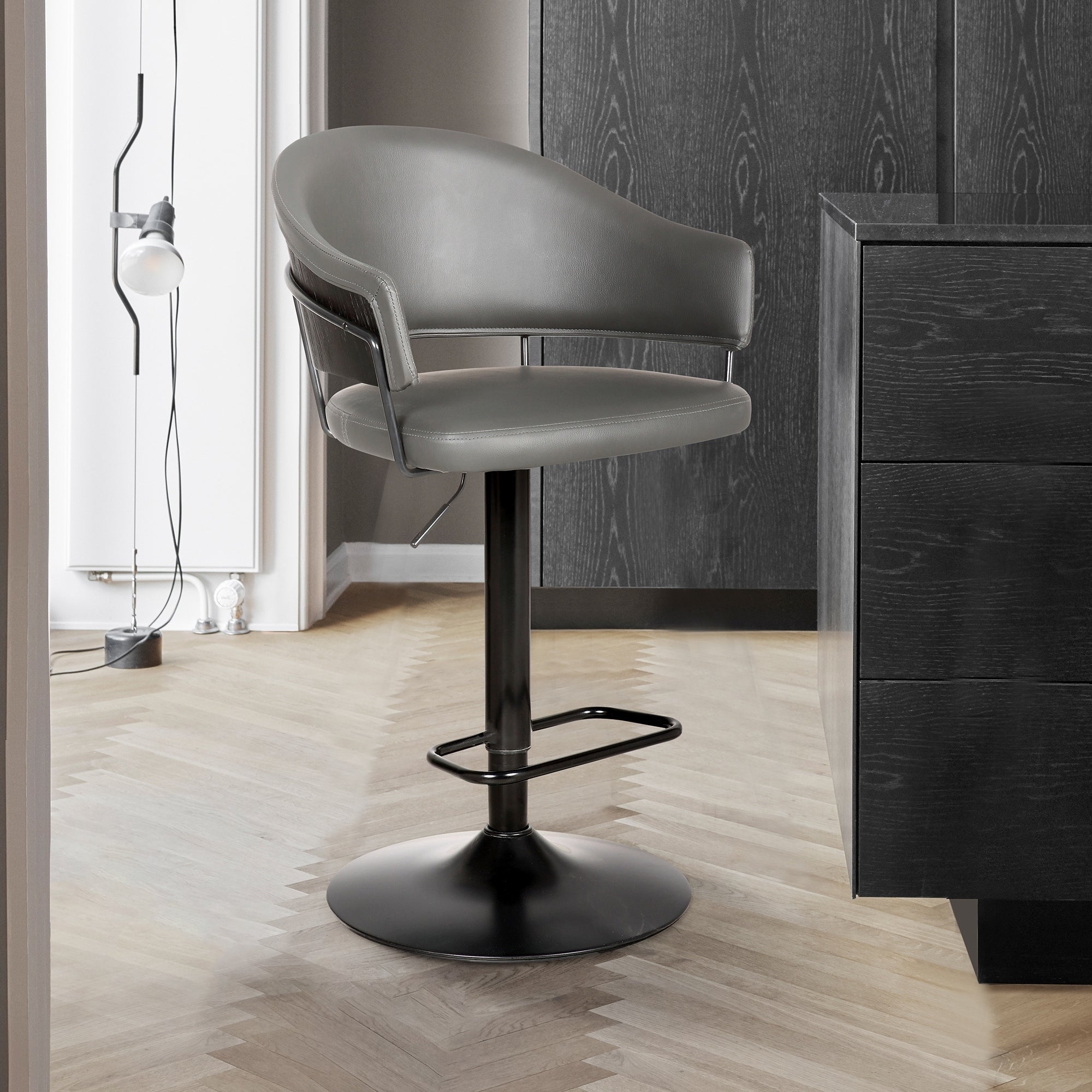 Brody Adjustable Gray Faux Leather Swivel Barstool In Black Powder Coated Finish