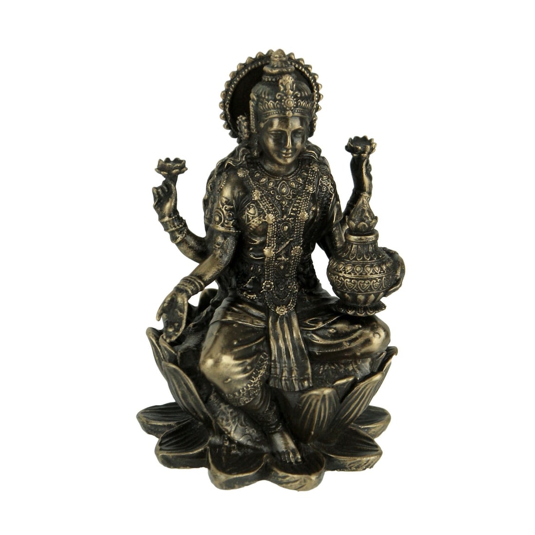 Bronze Finish Lakshmi Hindu Goddess On Lotus Figurine 3.25 X 2 X 2 Inches