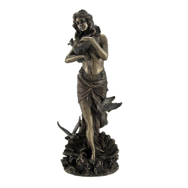 Bronzed Aphrodite With Doves On Scallop Shell Statue 10.75 X 4.5 X 3.75 Inches