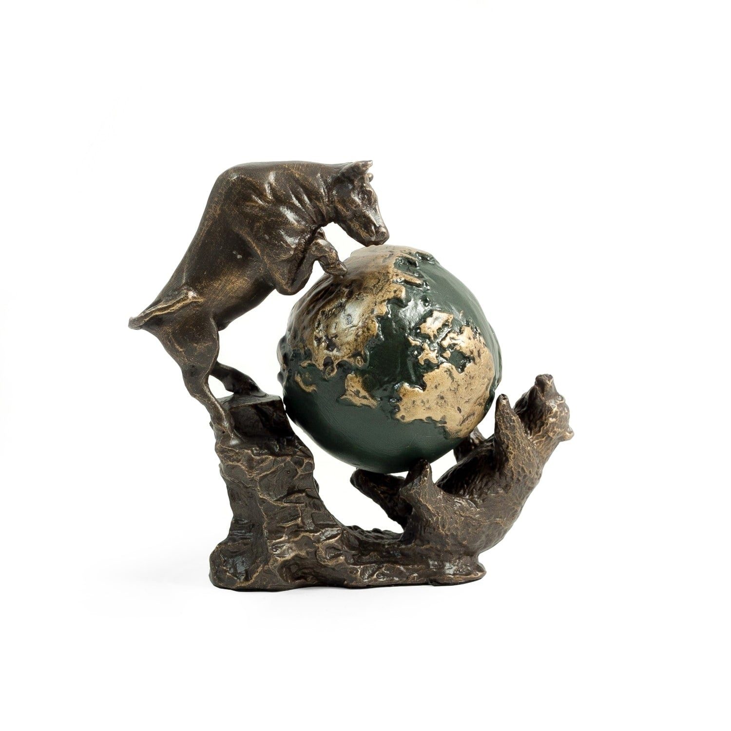 Bronzed Finished Bull Bear Fight Sculpture With Globe.