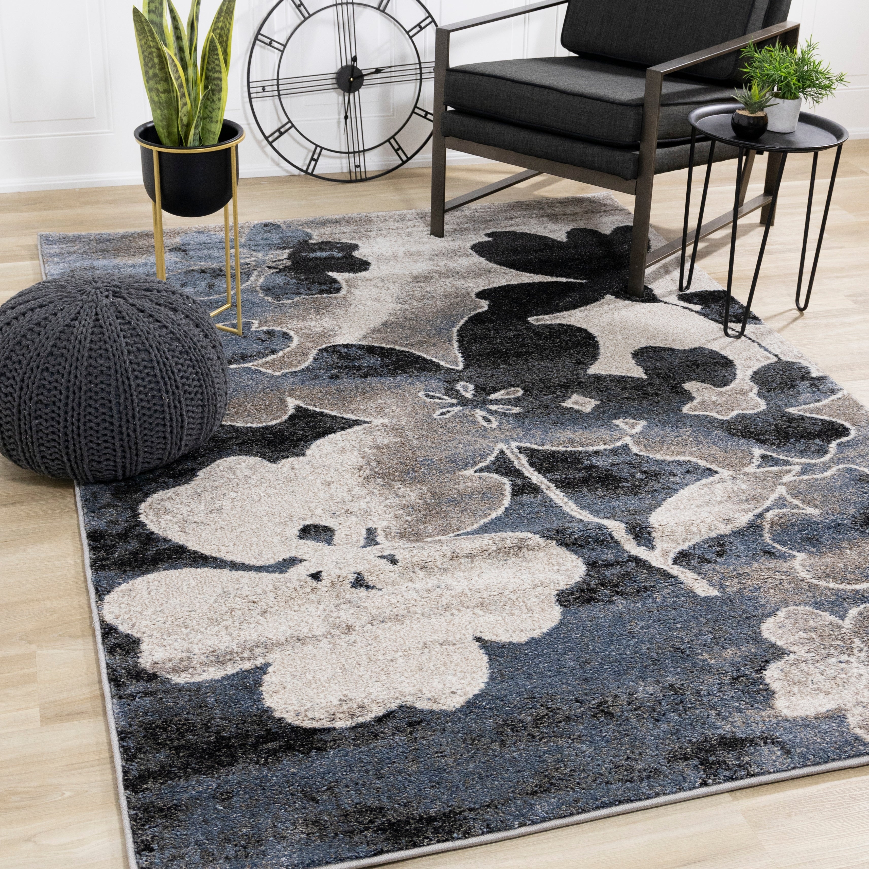 Easterly Blue Cream Black Abstract Floral Rug