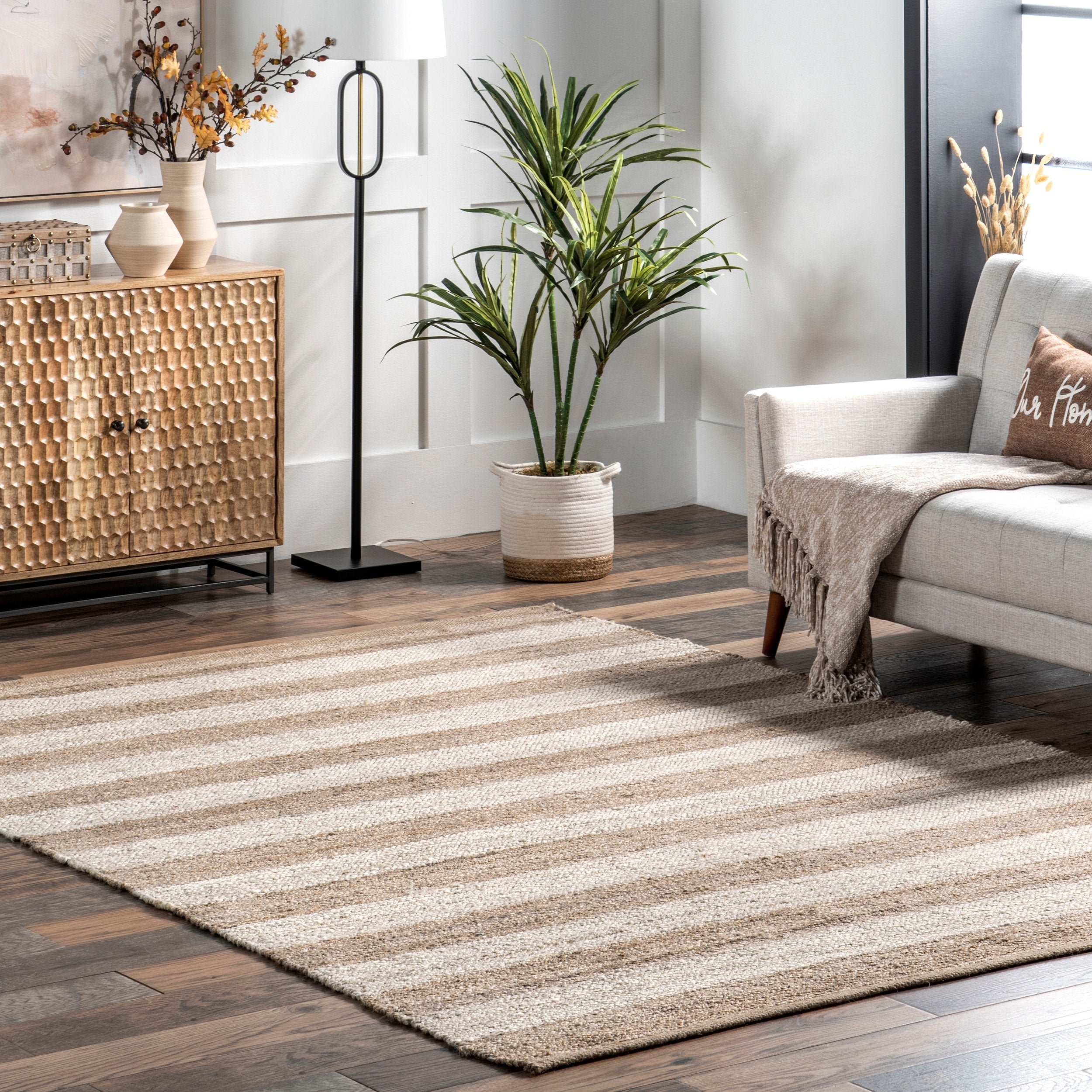 The Curated Nomad San Bruno Handmade Flatweave Natural Fiber Jute Thick Stripes Runner Rug 26 X 8 Runner