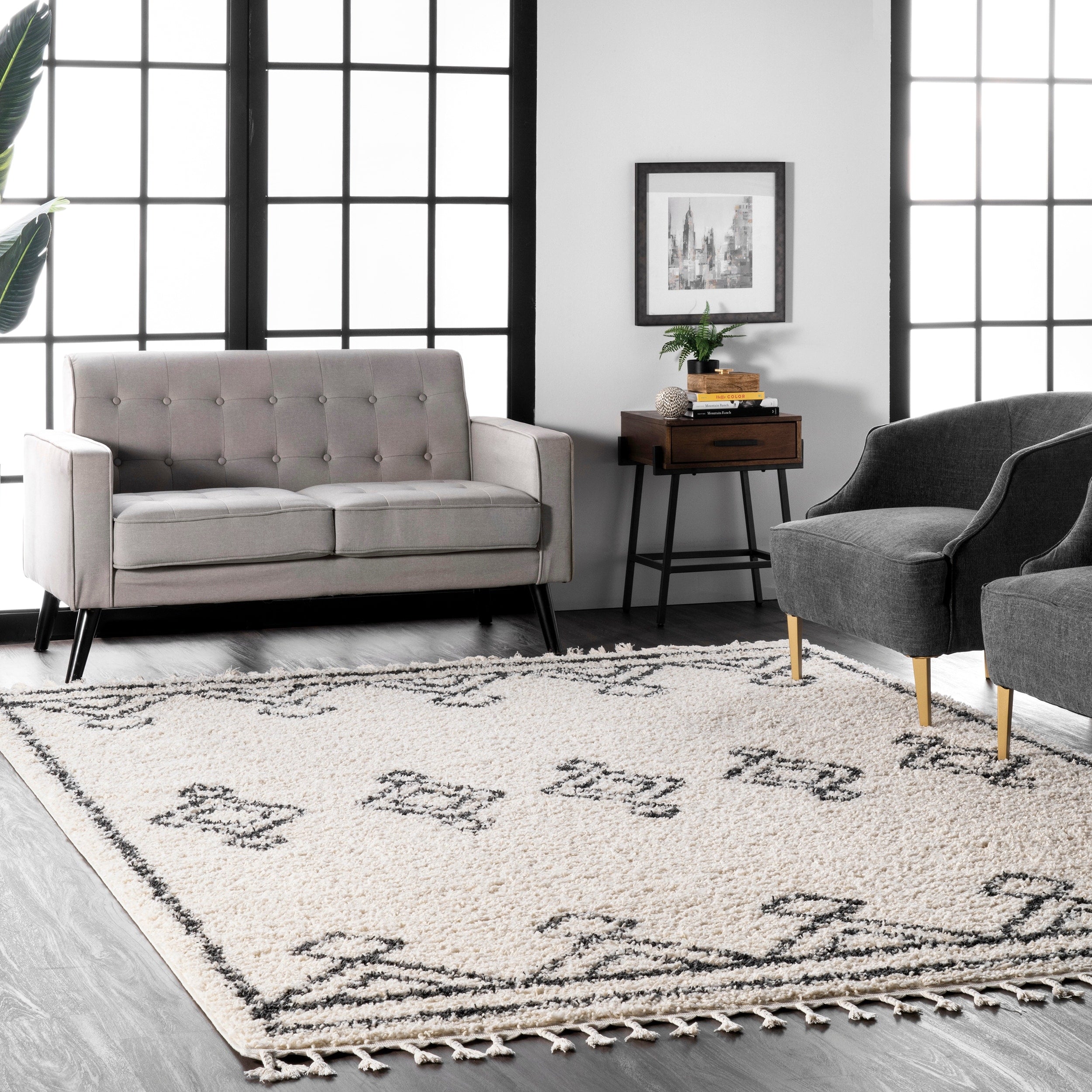 The Curated Nomad Prescott Moroccan Diamond Shag Tassel Area Rug 53 X 77