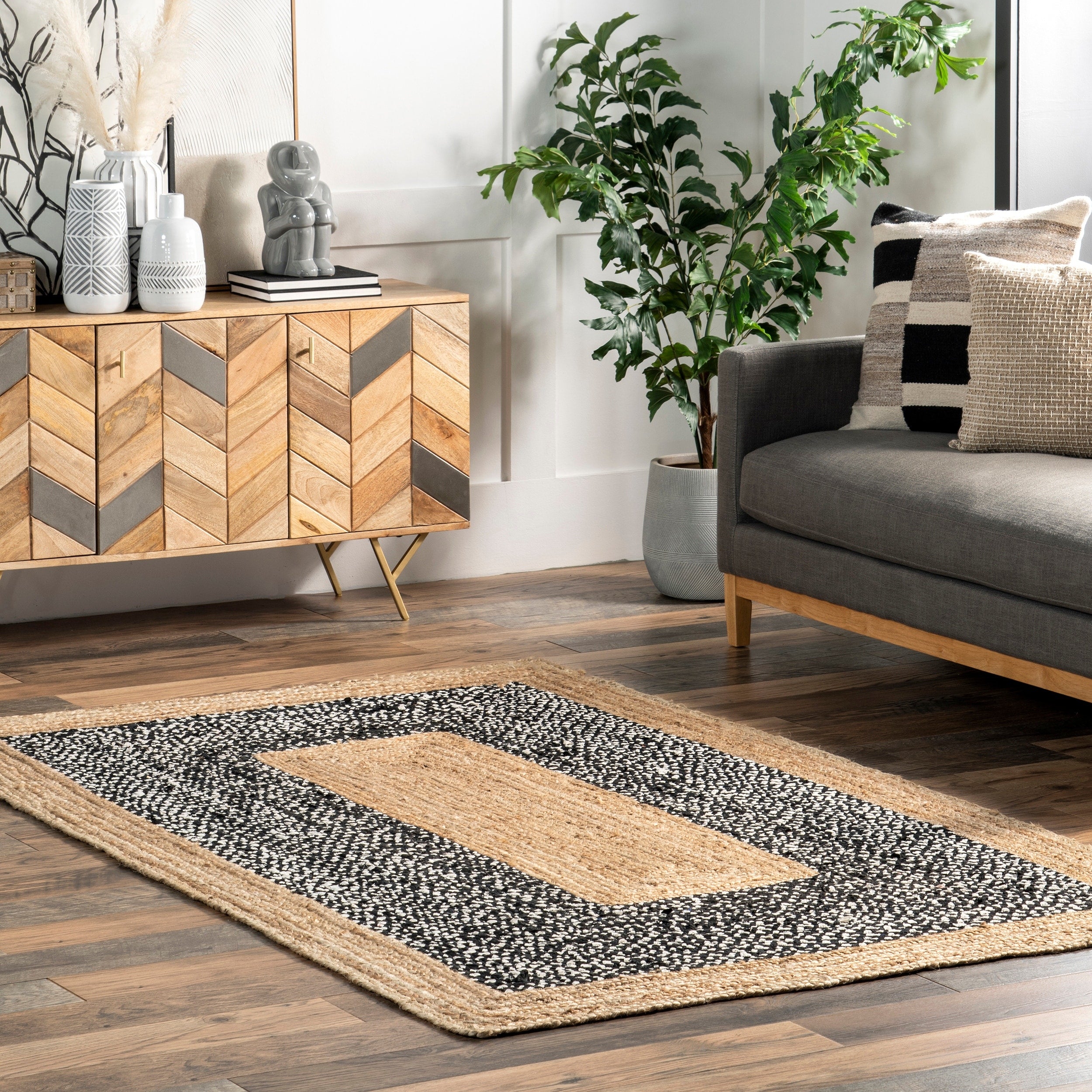 Nuloom Causal Natural Fiber Jute And Cotton Token Black Round Rug 6 Round 6 Round