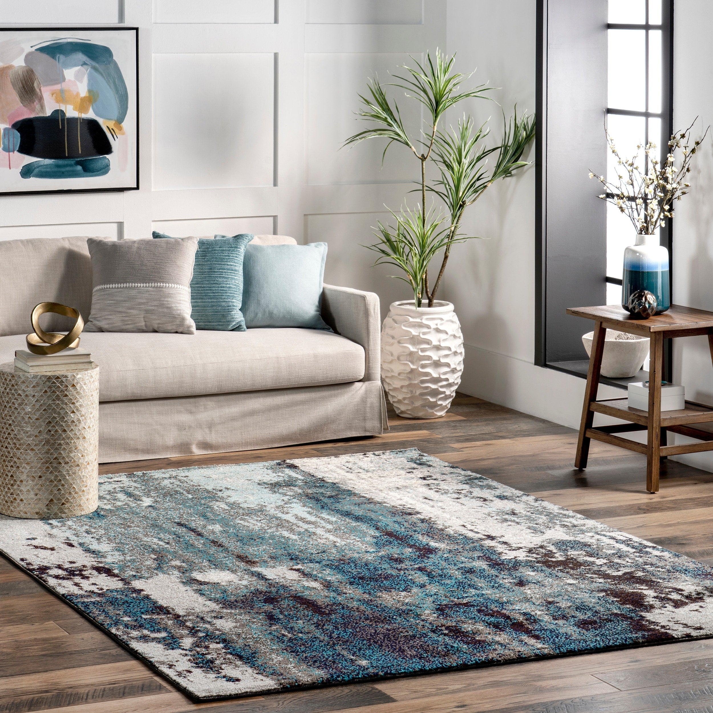 Oliver James Knight Blue Abstract Painting Area Rug 5 X 8