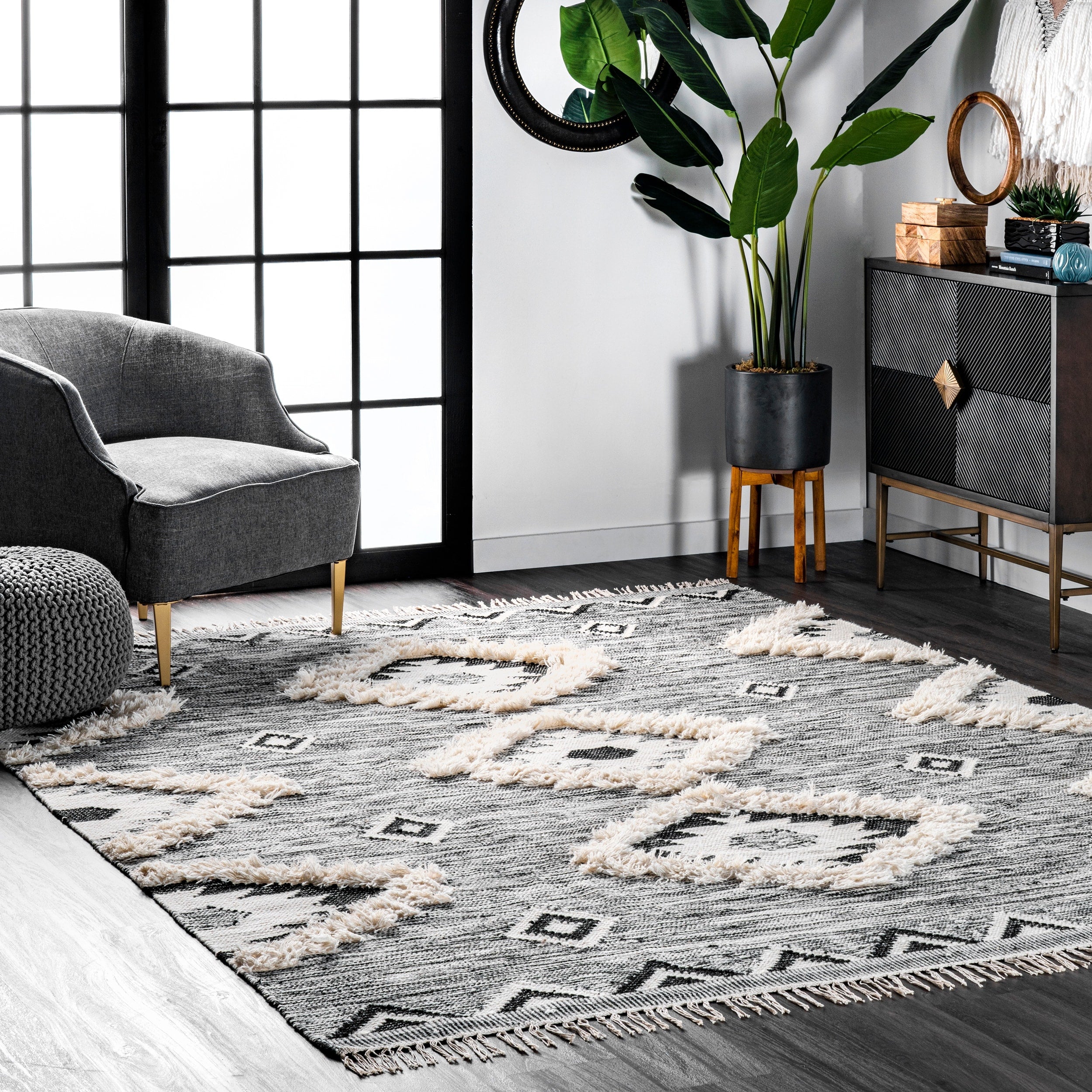 Nuloom Southwestern Flatweave Grey Black Hand Woven Wool Ikat Tassel Rug 5 X 8 5 X 8