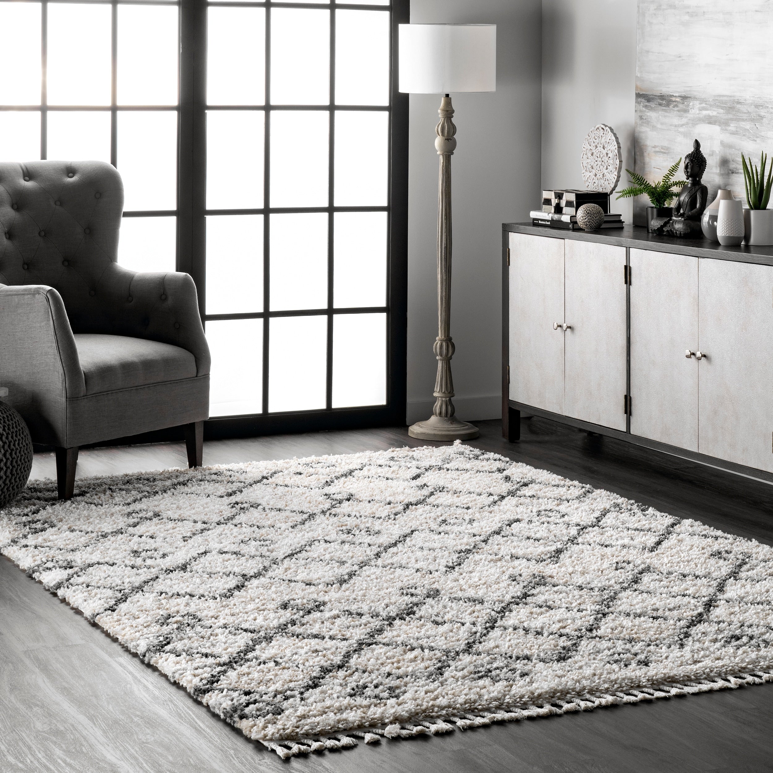 The Gray Barn Dennis Hollow Geometric Trellis Tassel Shag Area Rug