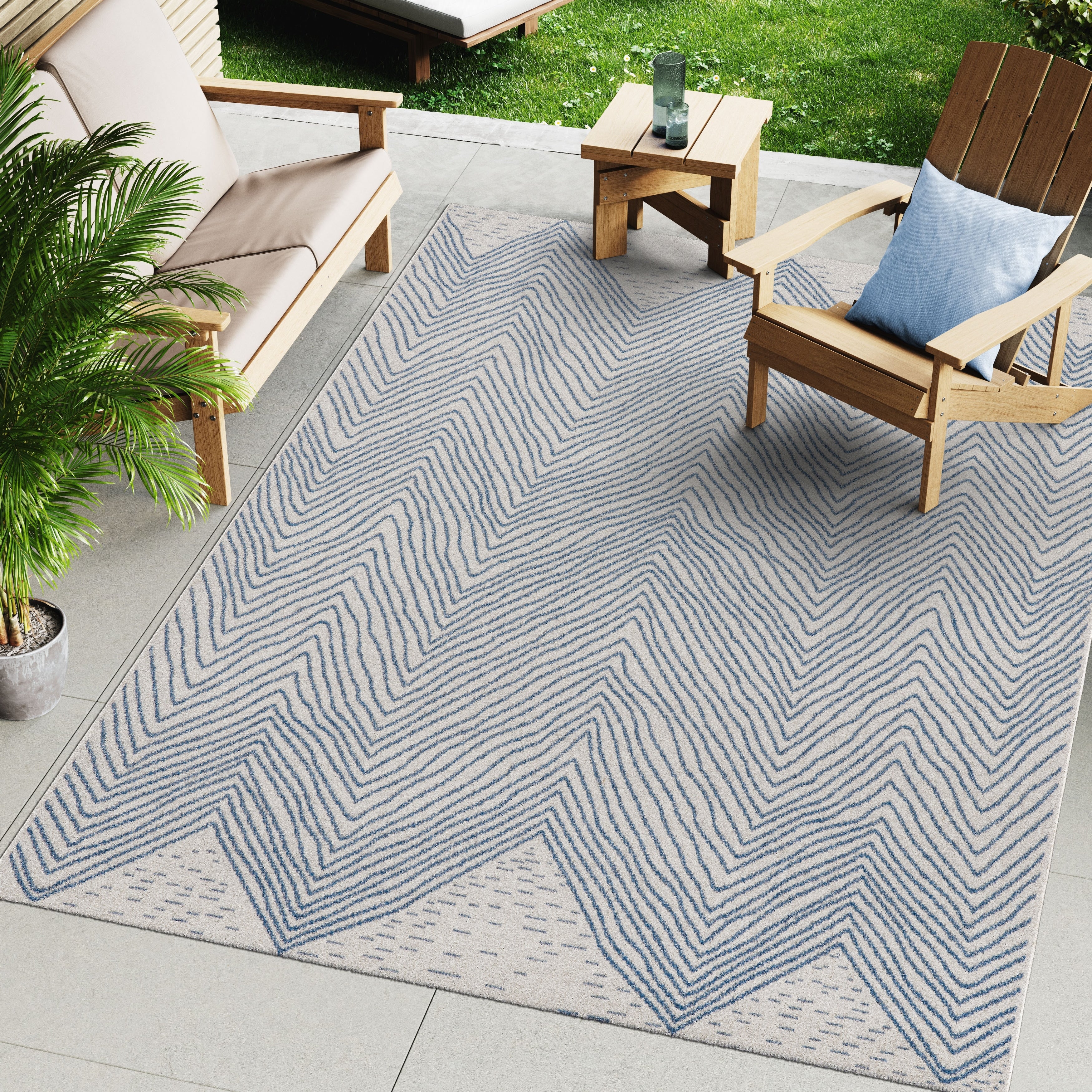 The Curated Nomad Ostermalm Indoor Outdoor Geometric Wavy Chevron Blue Rug 76 X 109