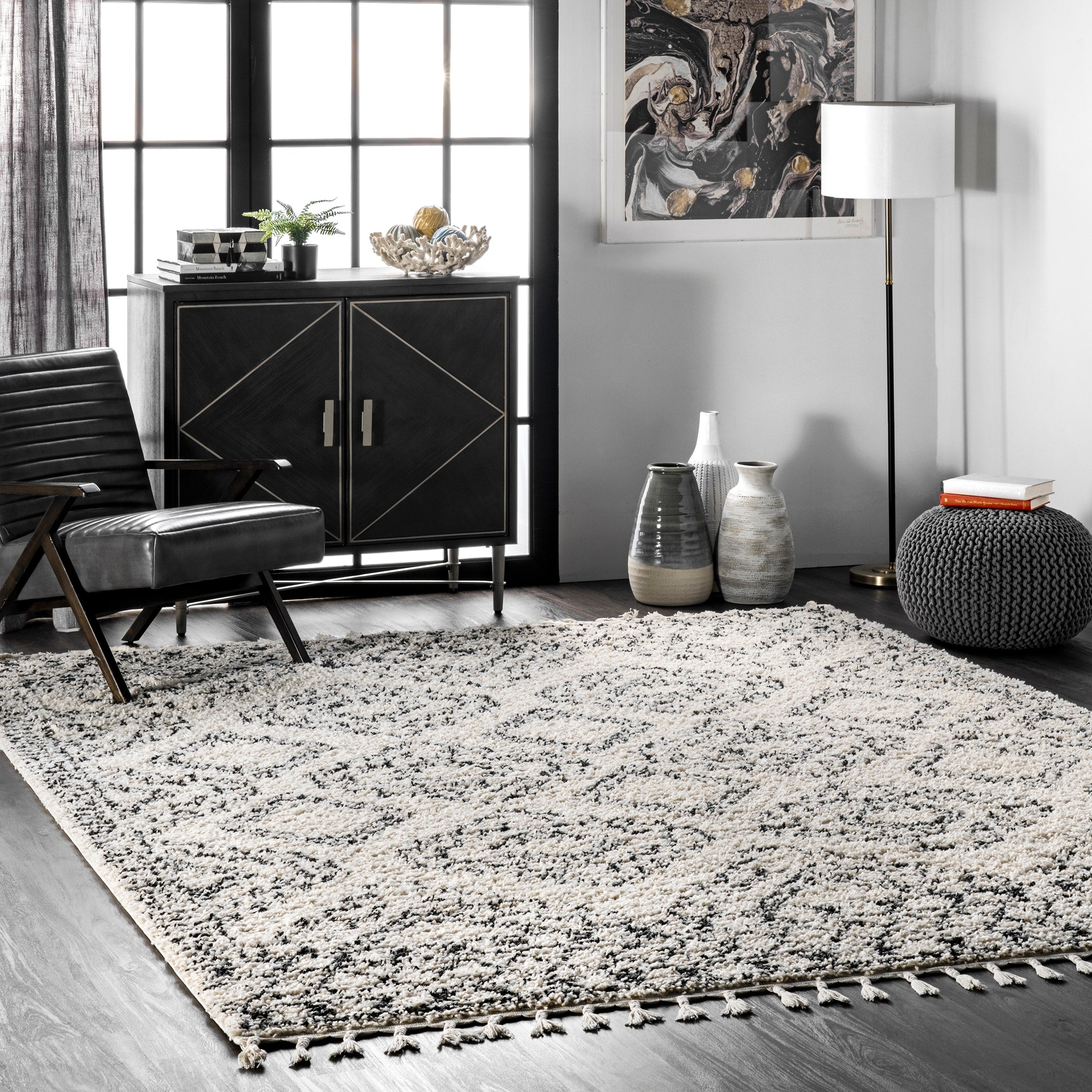 Nuloom Off White Soft And Plush Moroccan Tribal Geometric Shag Tassel Area Rug 67 X 9