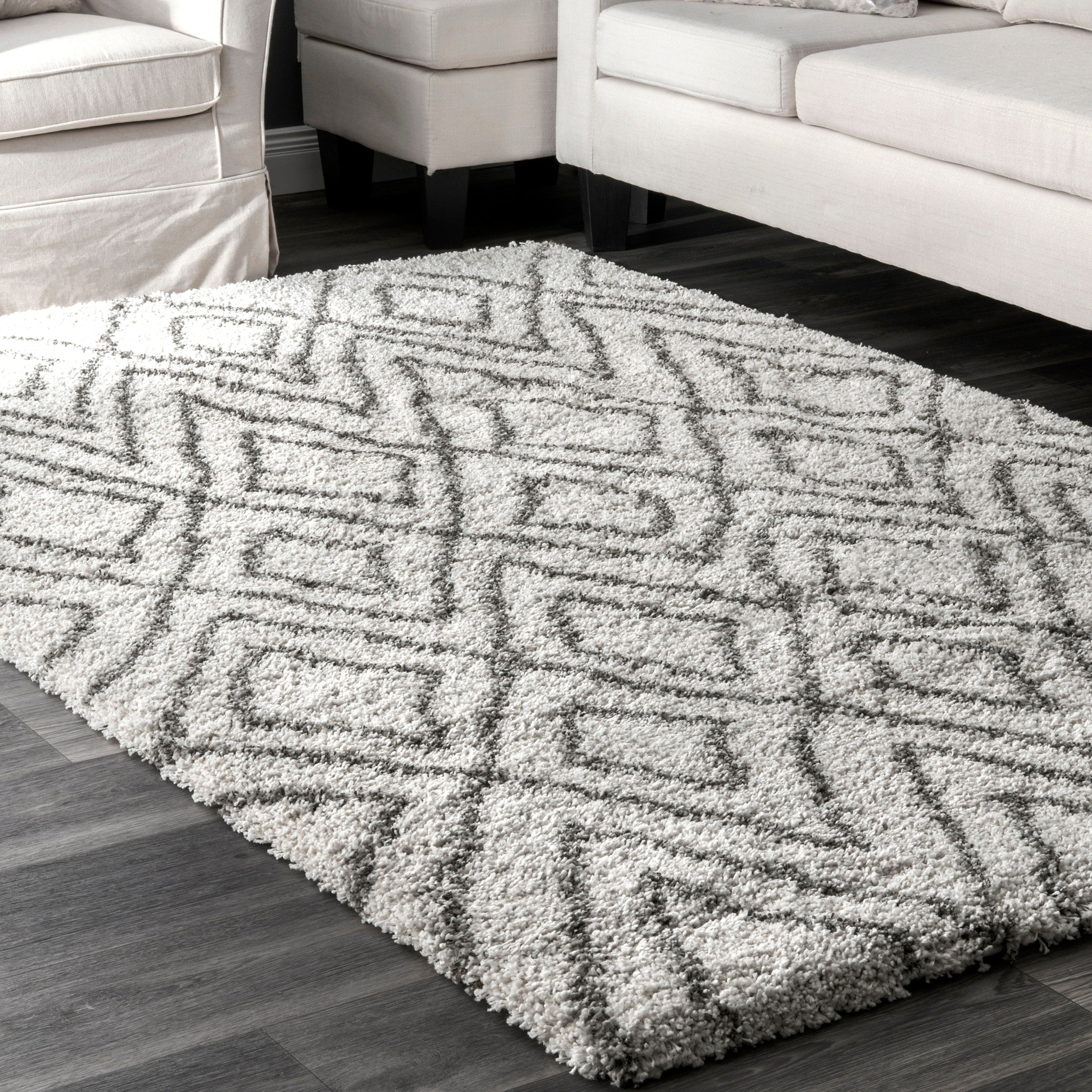 Strick Bolton Waller Luxuries Ivory Moroccan Inspired Abstract Diamond Trellis Shag Area Rug 5 X 8