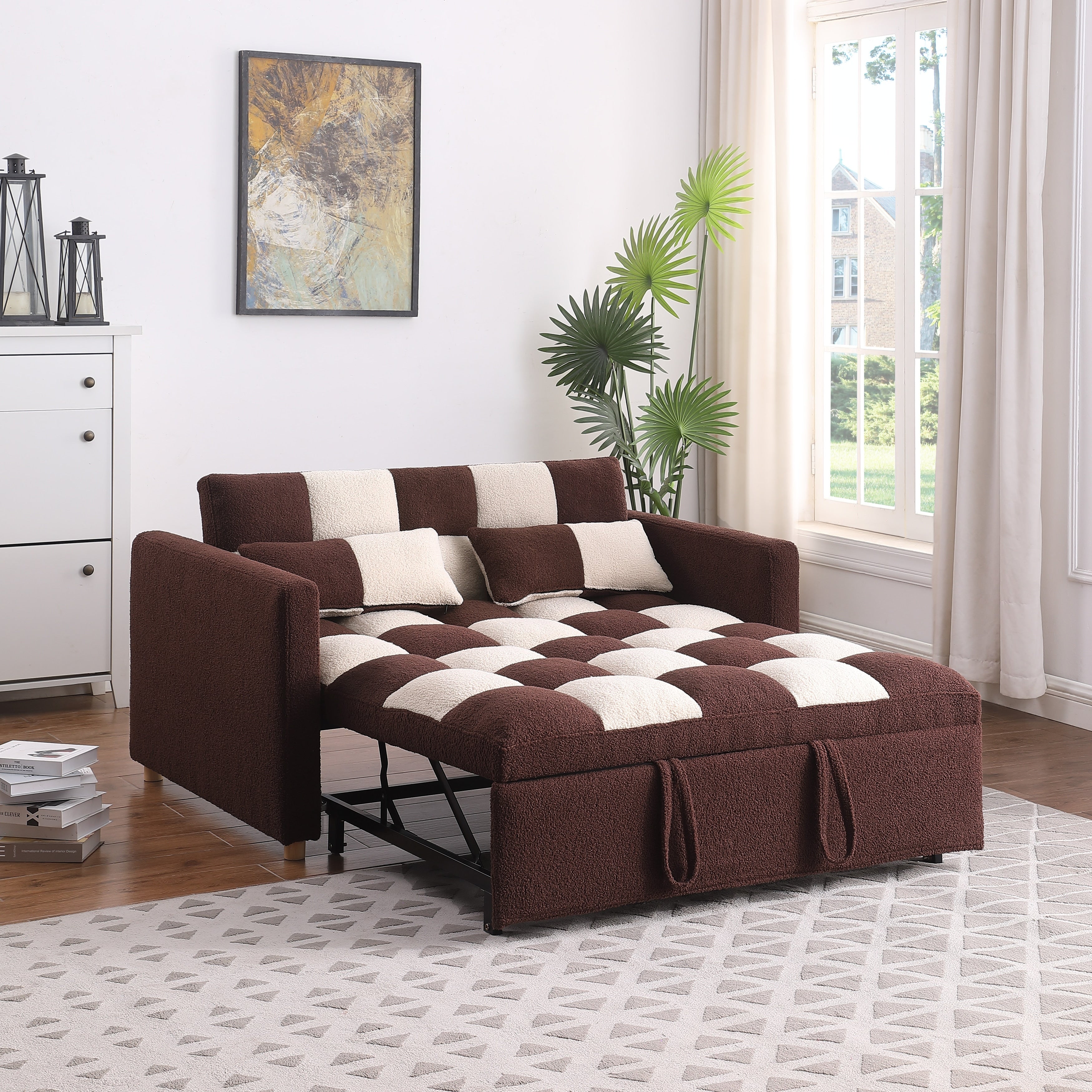 Brown Beige Convertible Sofa Bed Multifunctional Loveseat Sleeper Sofa Couch Pull Out Sofa Bed With Metal Frame