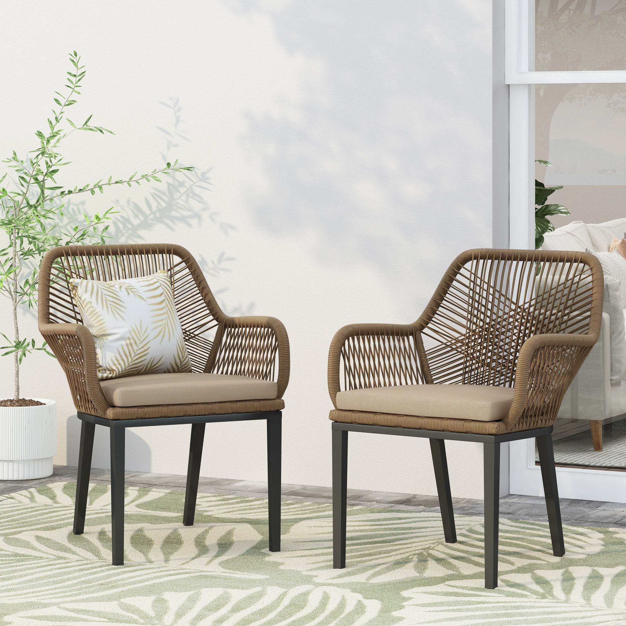 Brown Beige Wicker Dining Chairs Set Of 2 With Cushions Club Chair Patio Chair Reception Chair Side Chair