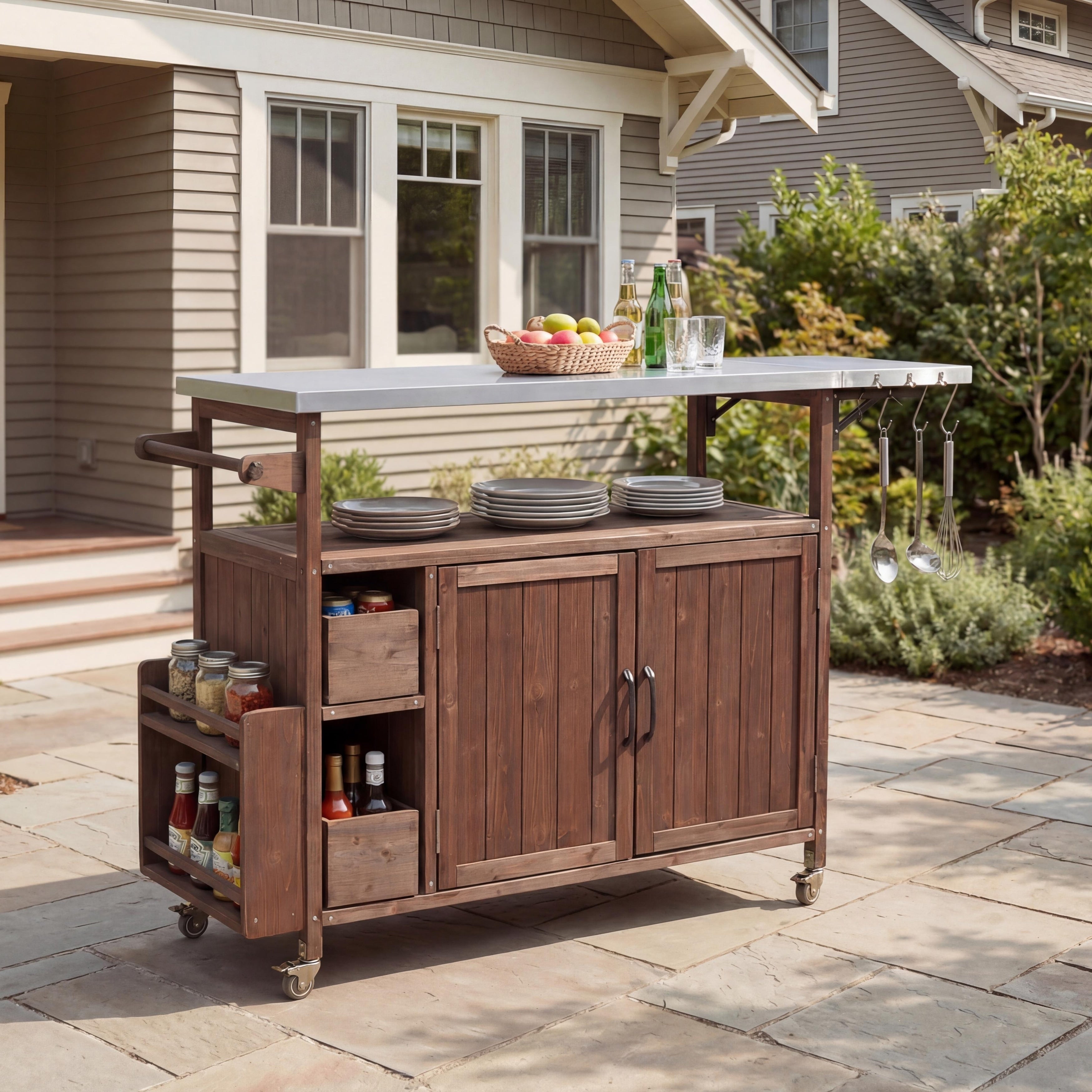 Brown Farmhouse Rolling Outdoor Kitchen Cart With Spice Rack Towel Rack Kitchen Island With Lockable Wheels