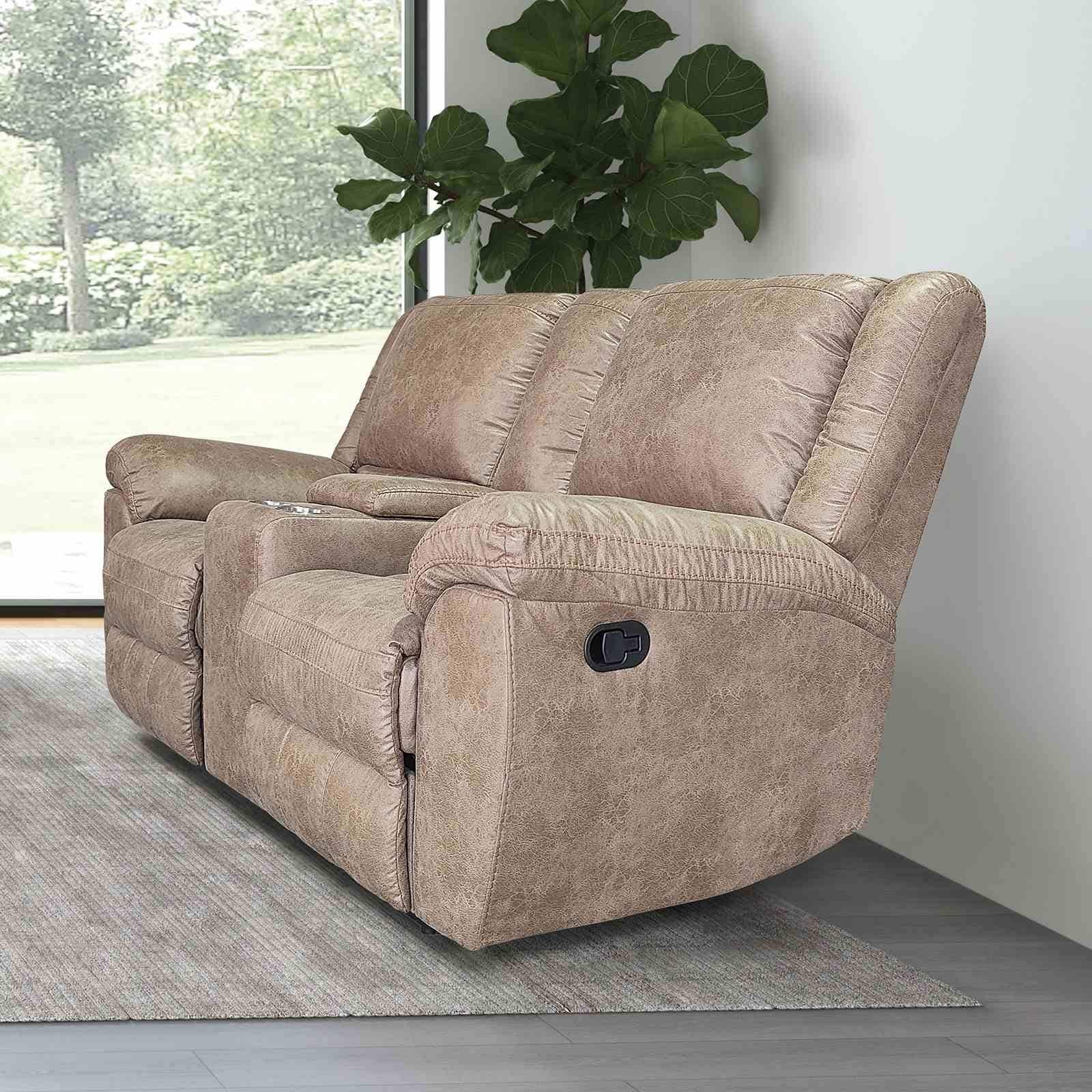 Brown Finish Loveseat Reclining 1Pc Pillow Top Arms W Console