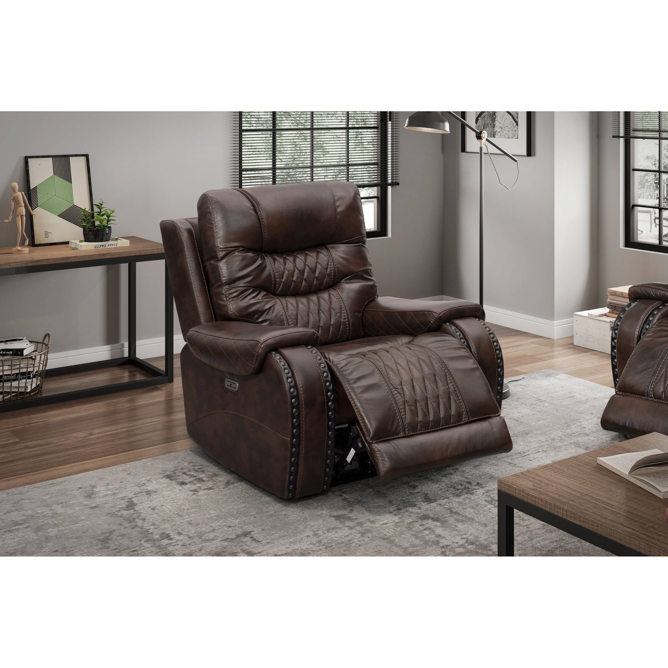 Brown Leather Power Recline Chair With Headrest And Footrest