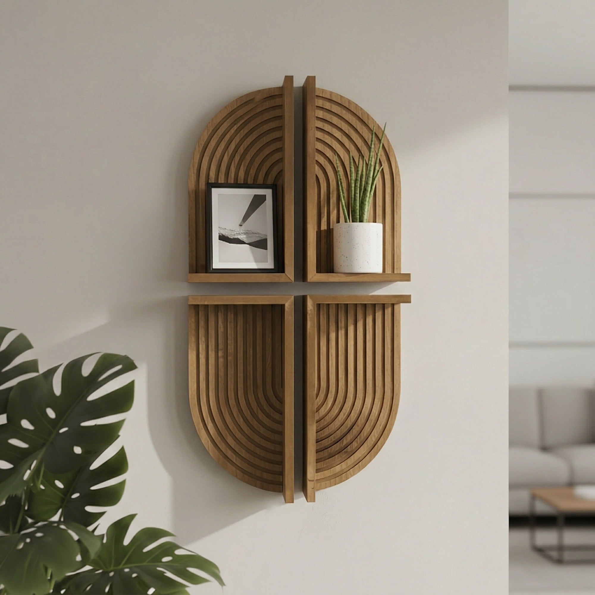 Brown Natural Boho Arched Lunar Ledges 4 Piece Wood Floating Wall Shelf With Fluted Design 6 H X 12 L X 4.75 D