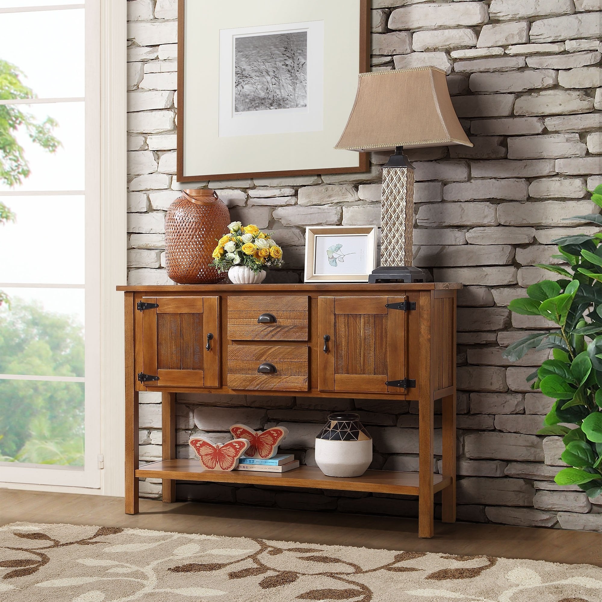 Brown Sideboard Console Table With 2 Drawers And Cabinets Buffet Server Cabinet Storage Cabinet With Bottom Shelf