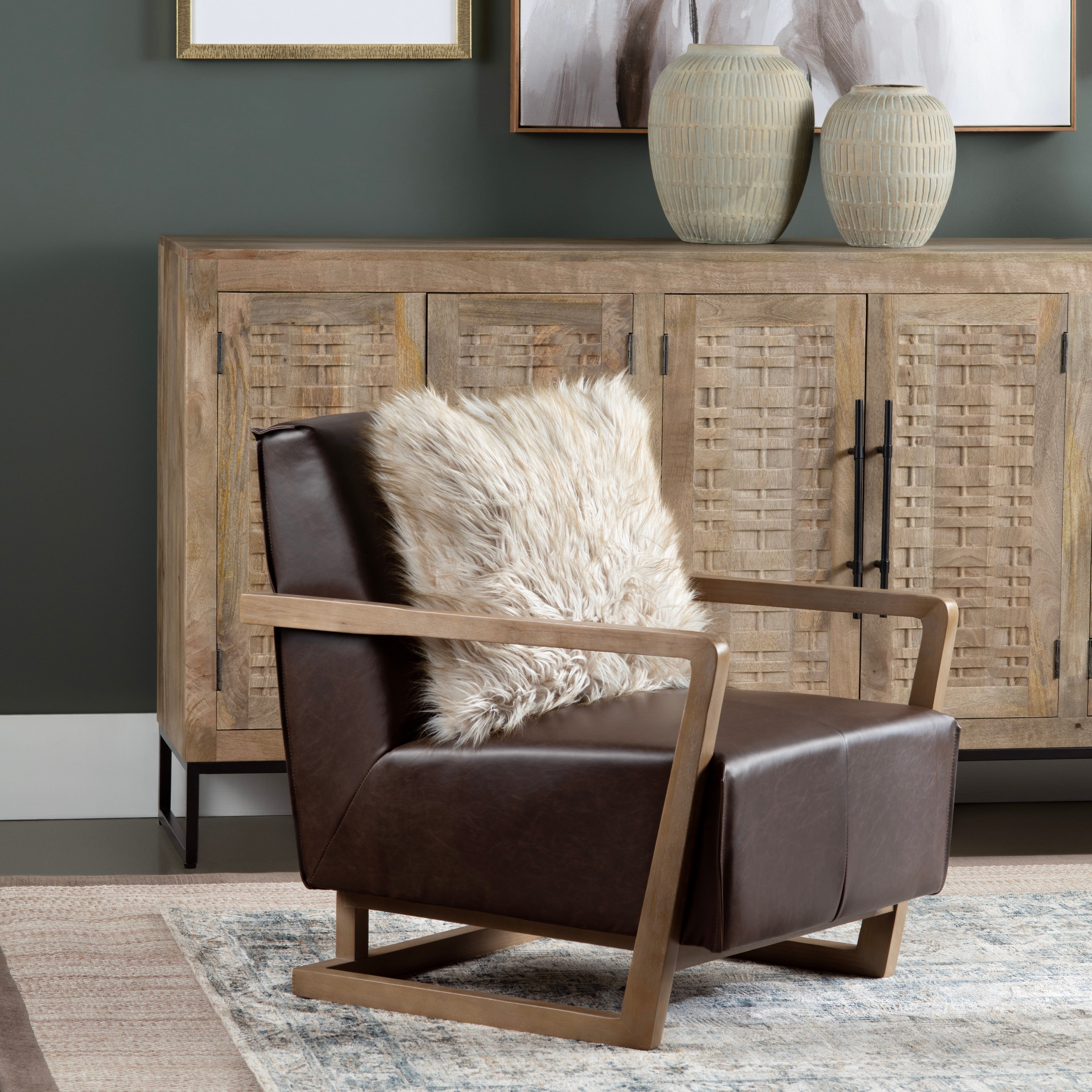 Brown Upholstered Accent Arm Chair With Brown Solid Wood Frame