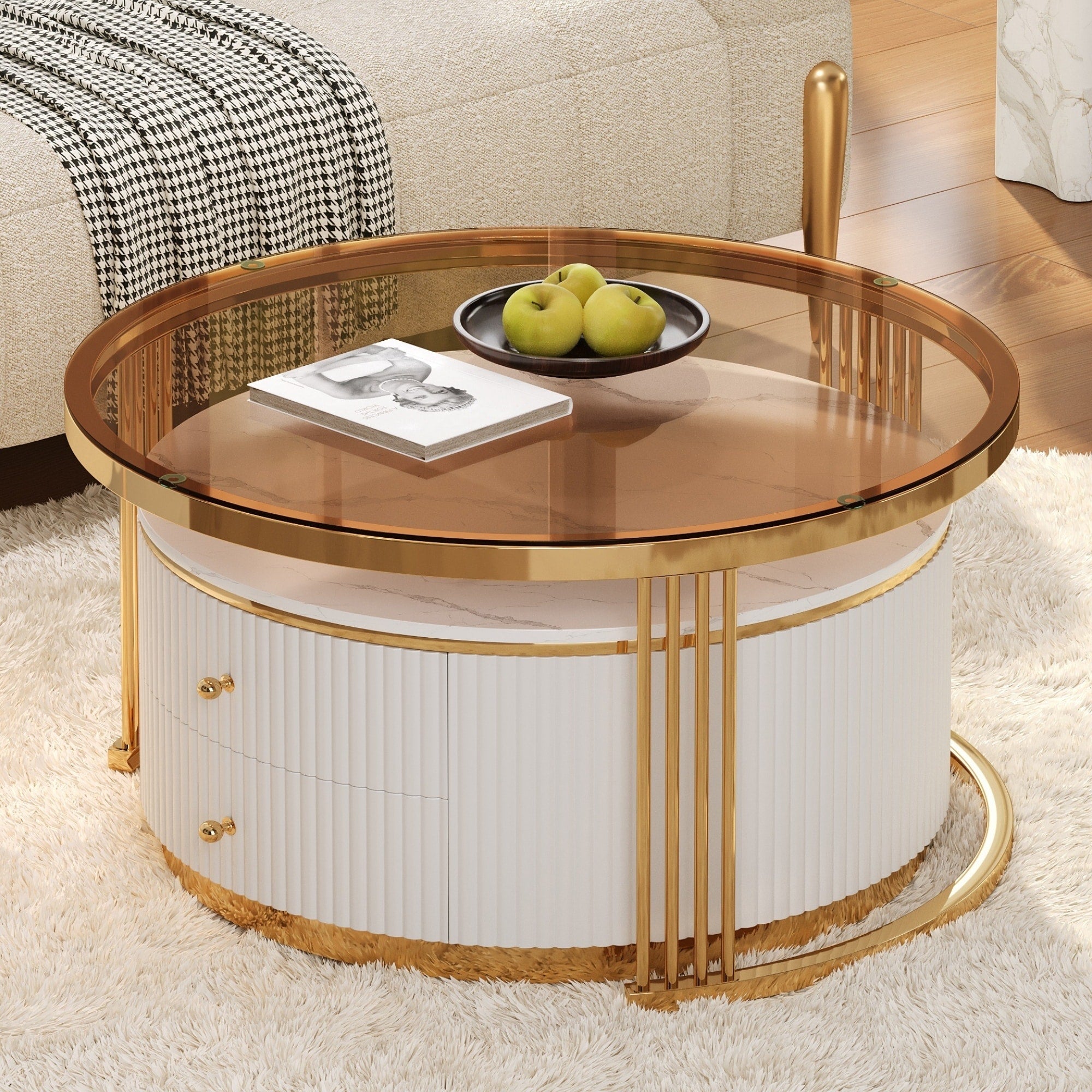 Brown White Nesting Table Coffee Table Center Table With 2 Drawers Minimalist Accent Table End Table Round Side Table
