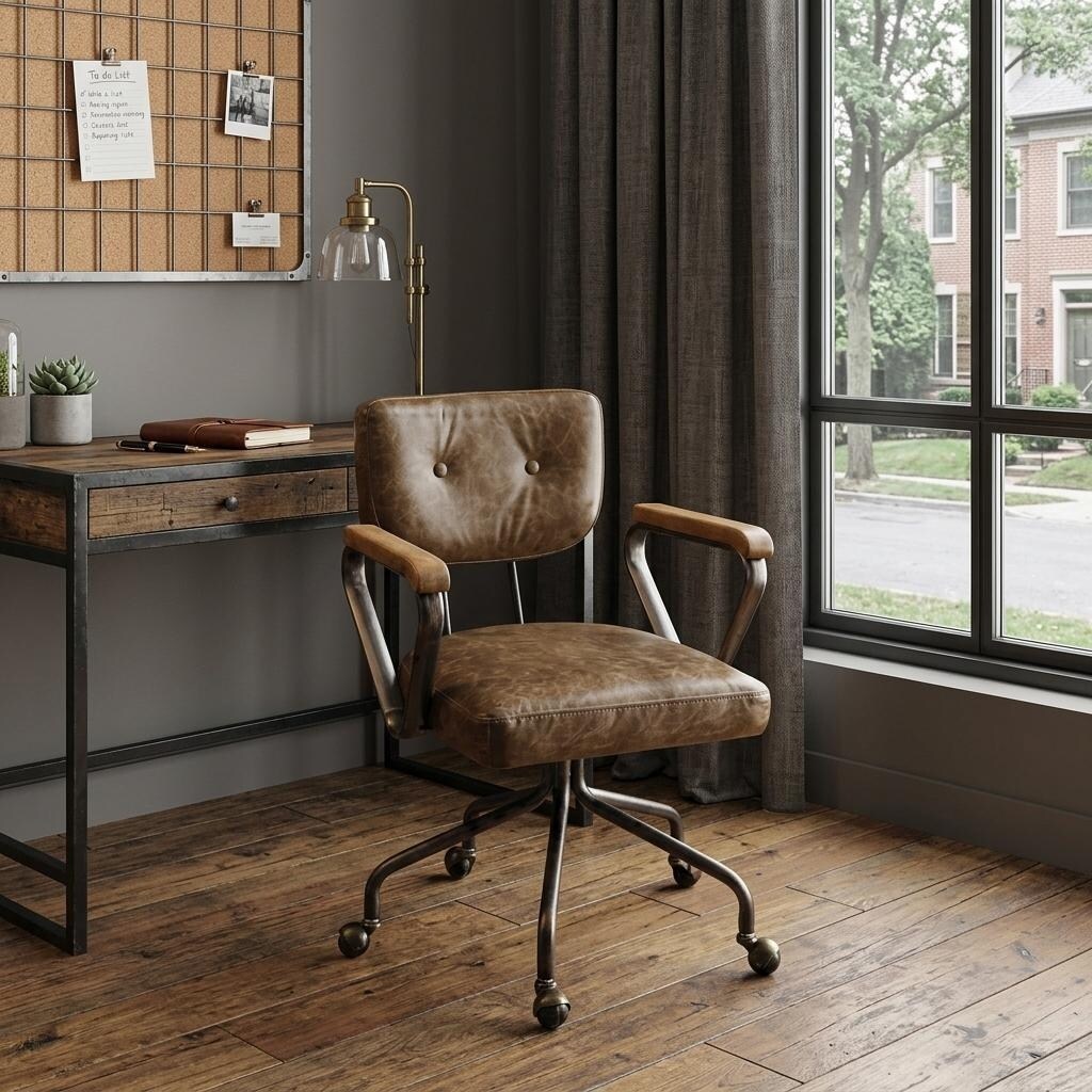 Brown And Black Swivel Faux Leather Rolling Office Chair