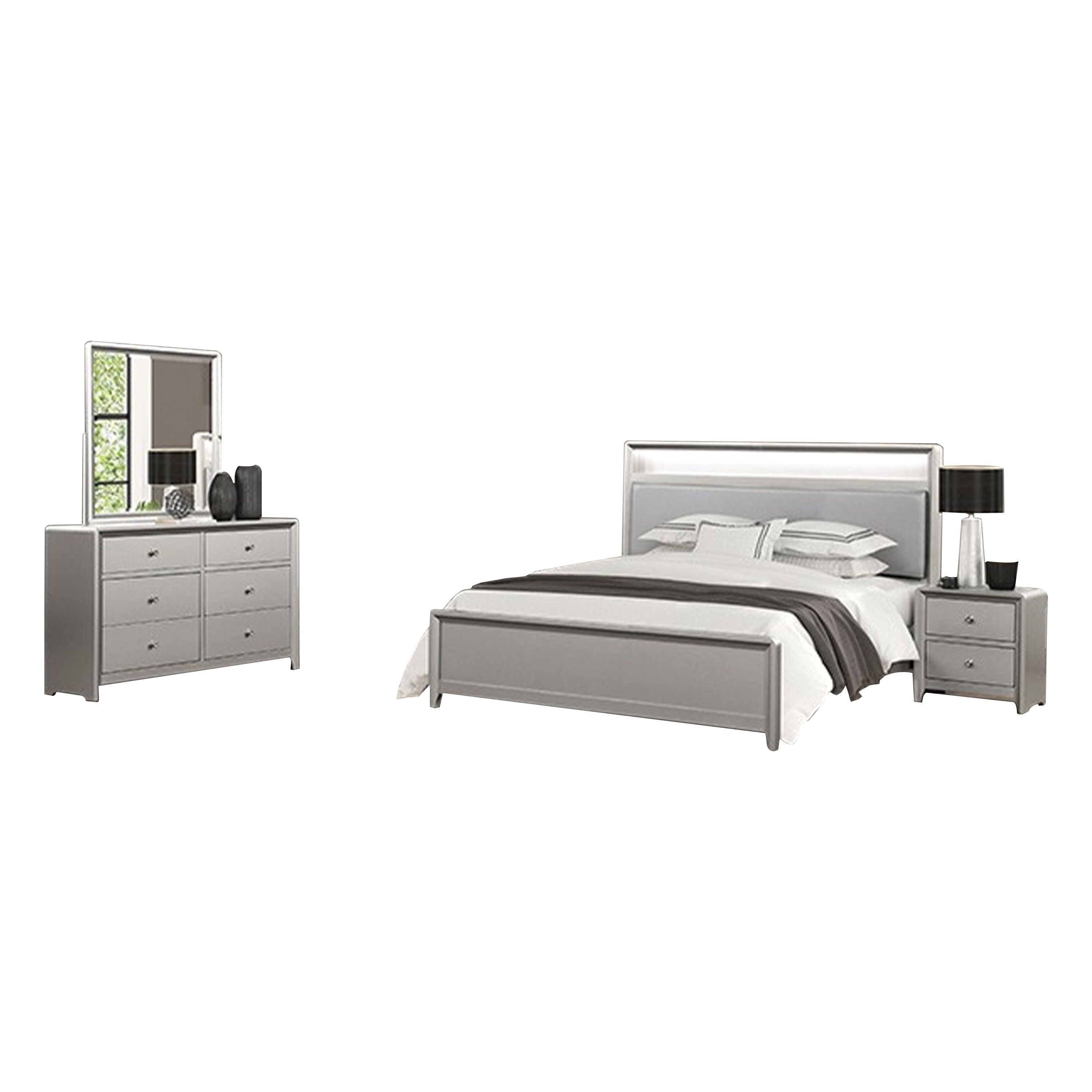 Broy 4Pc Queen Bedroom Set W Led Bookcase Headboard Mirror Silver