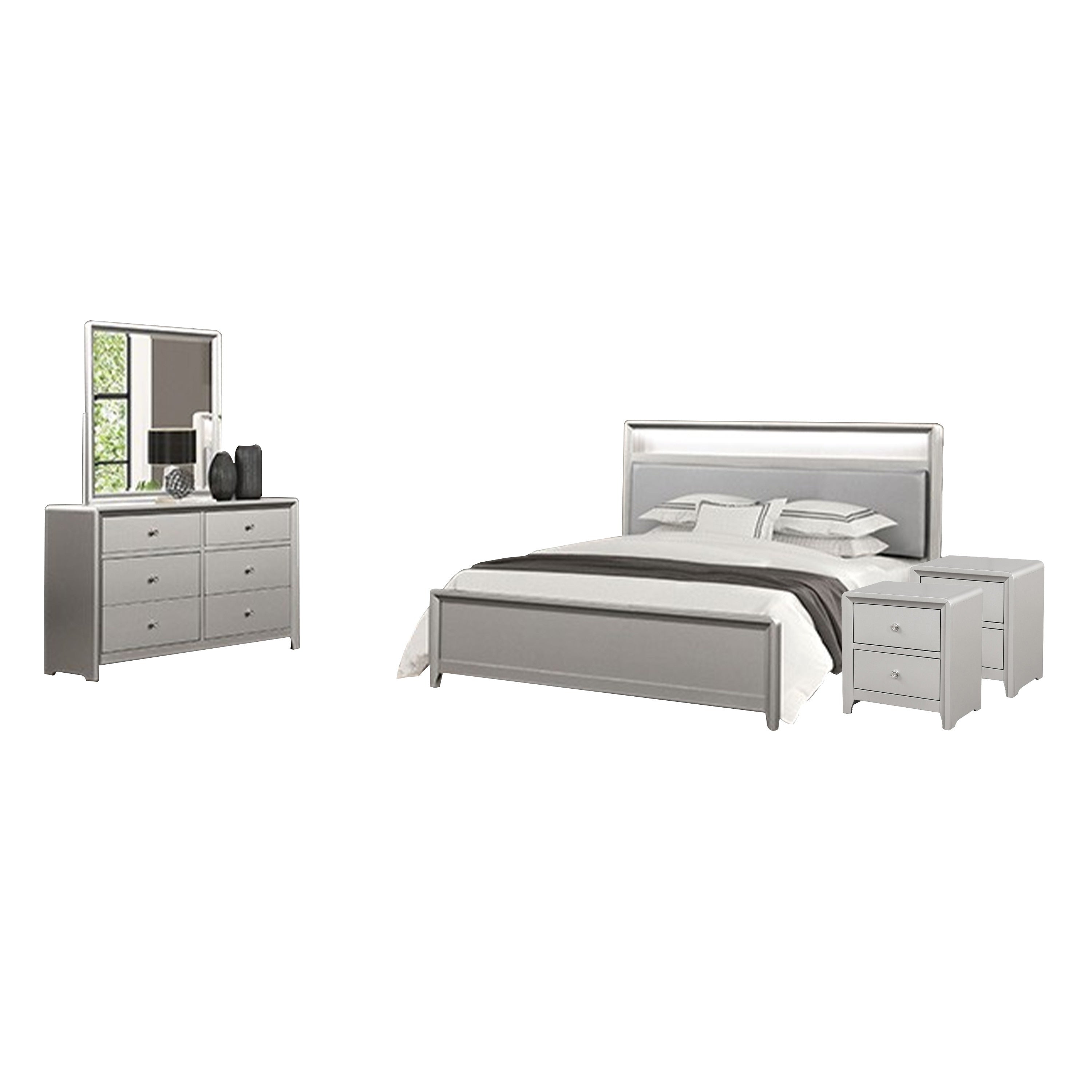 Broy 5Pc Queen Bedroom Set Led Bookcase Headboard 2 Nightstands Silver