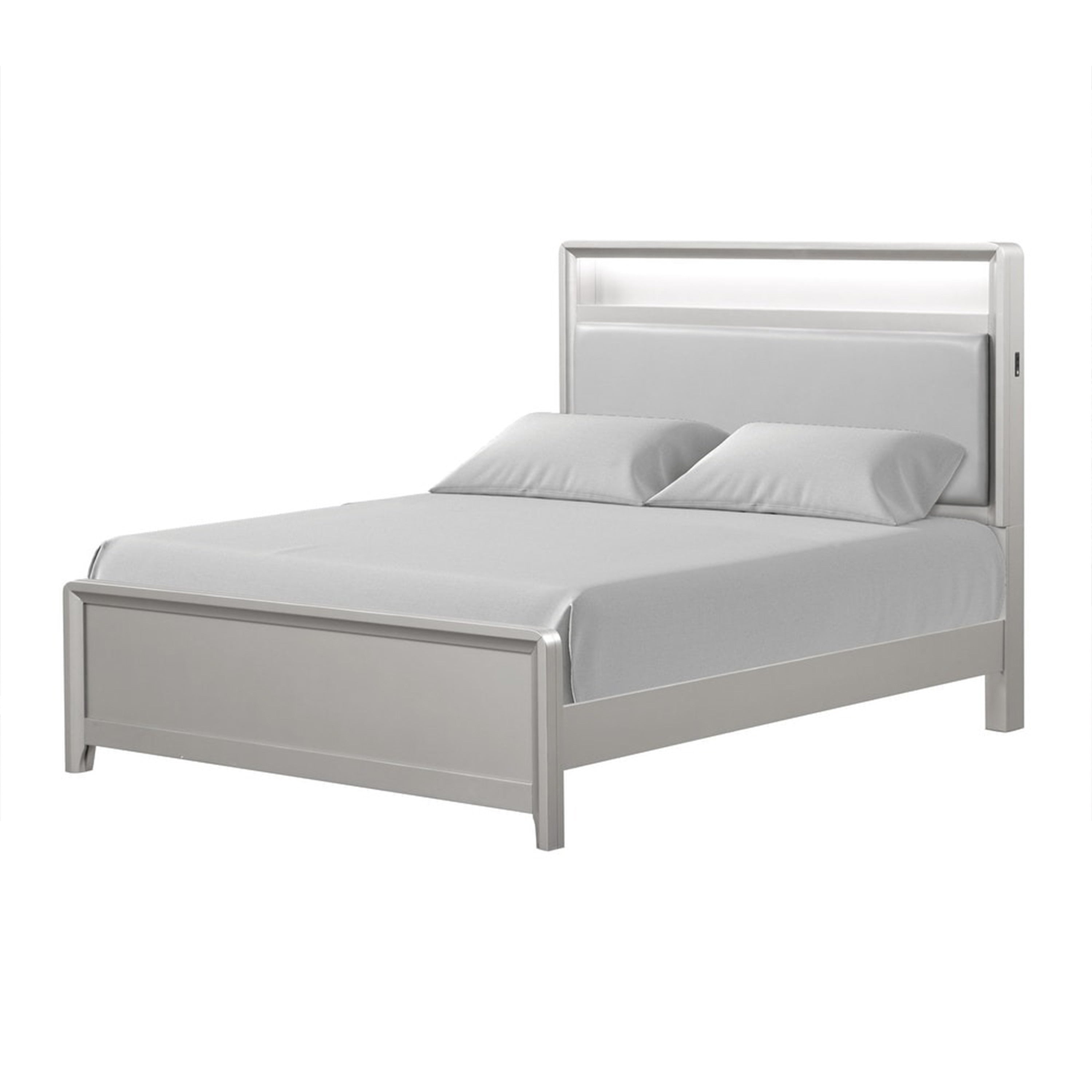 Broy Full Size Bed W Led Bookcase Headboard Champagne Silver Veneer