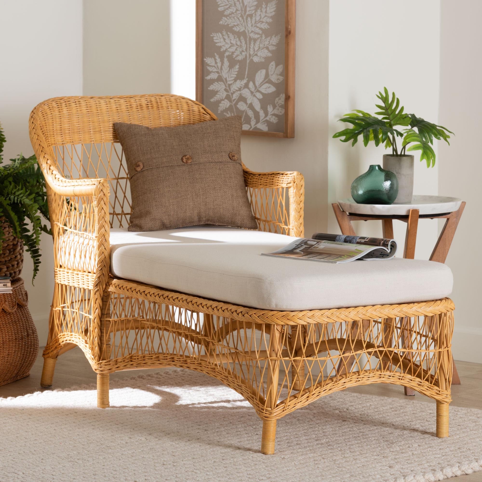 Bruno Natural Rattan Chaise Lounge Chair With Cushion Handwoven Wicker Accent Lounger With Rounded Backrest And Arms