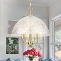 Brushed Gold 3 Light Pendant Light With Half Dome Grid Shade Dining Dia.15.75 In