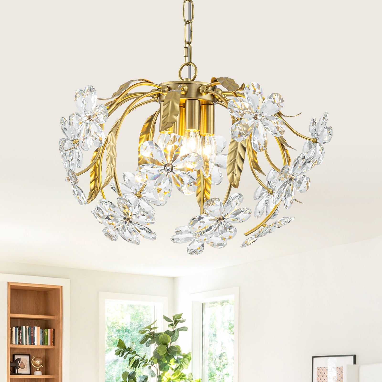 Brushed Gold 4 Light Branch Chandelier With Crystal Floral Accents Dia.17.72 In