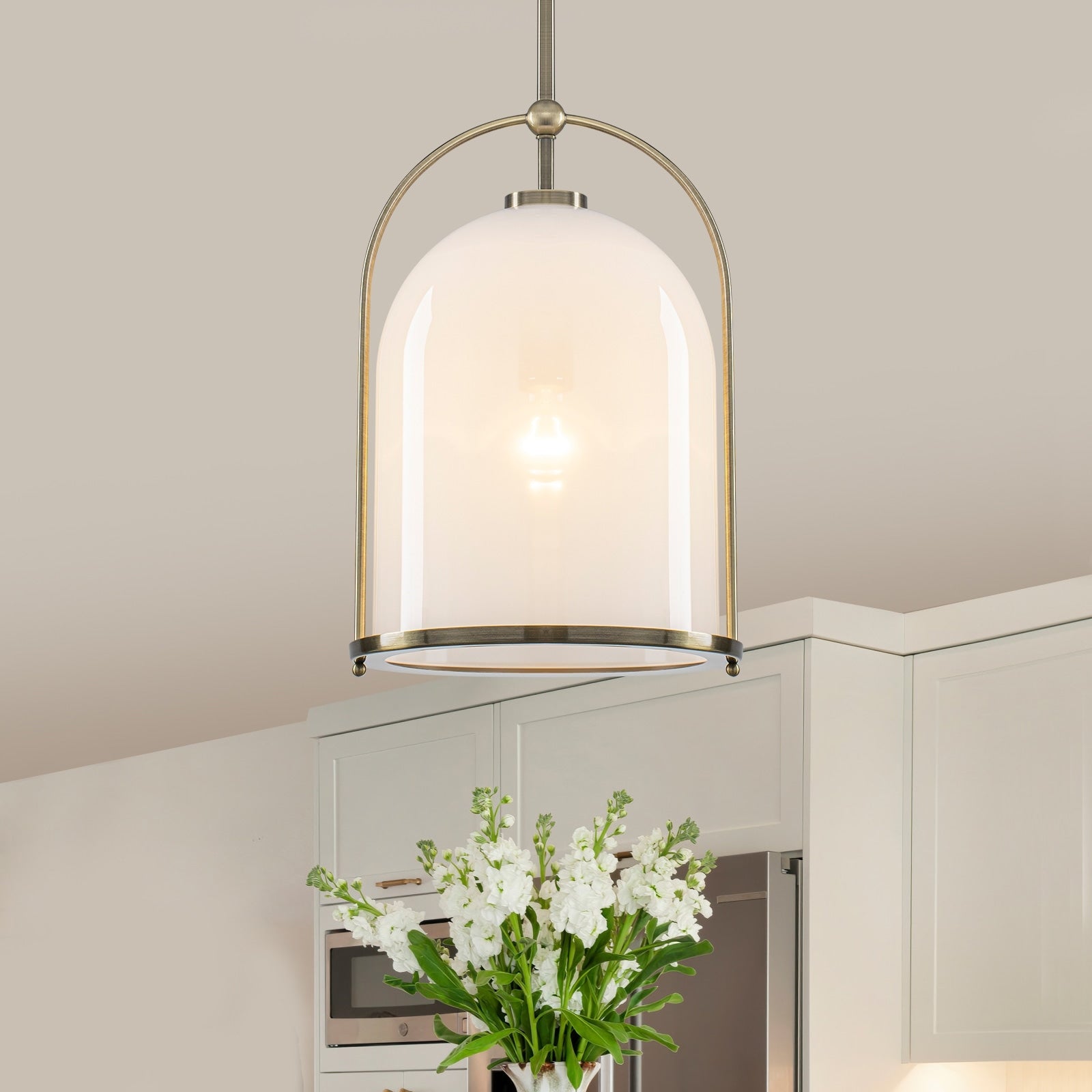 Brushed Gold Bucket Pendant Light With White Glass Dome Bedroom Foyer Dia.11.02 In