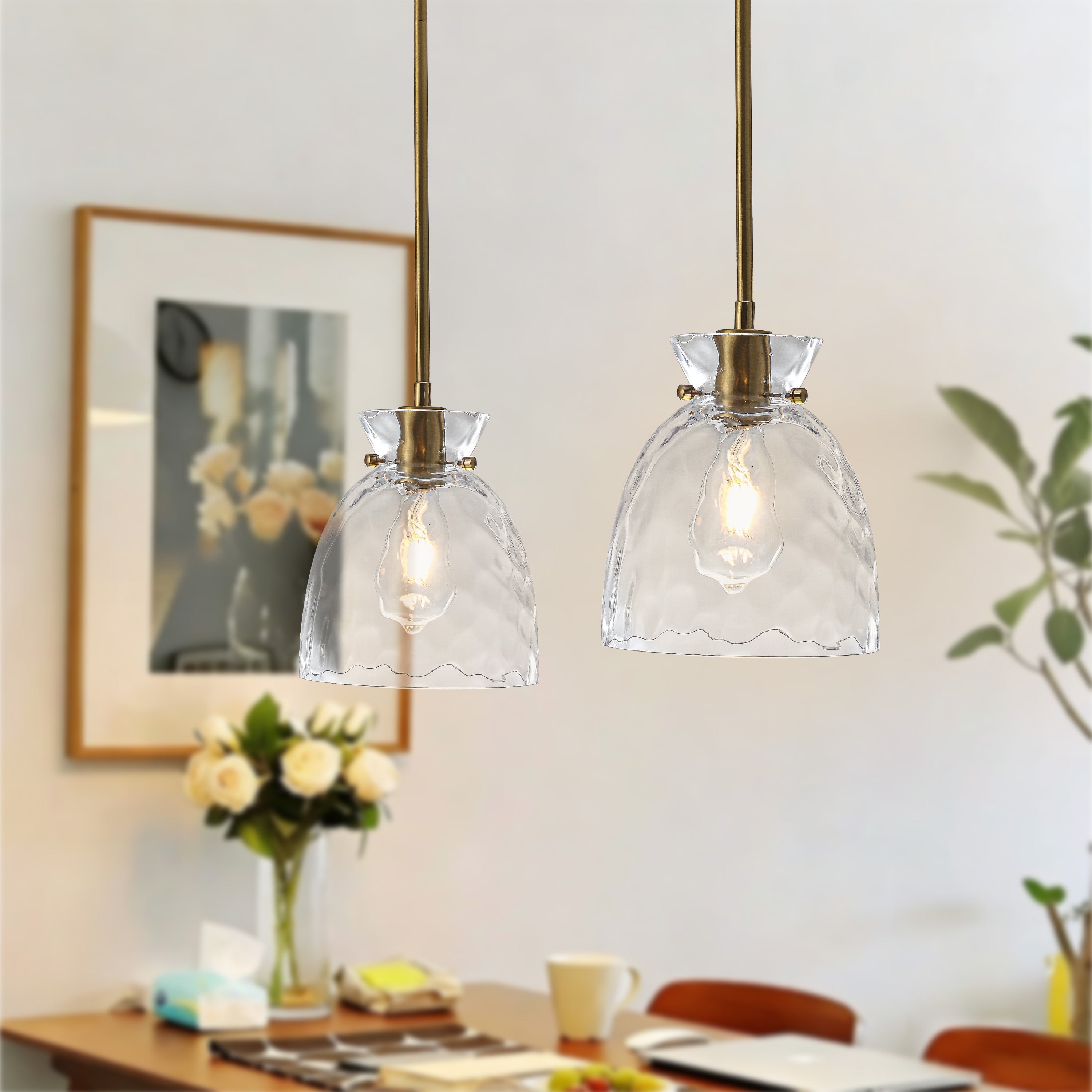 Brushed Gold Hammered Glass Pendant Light Adjustable E26 2 Pack