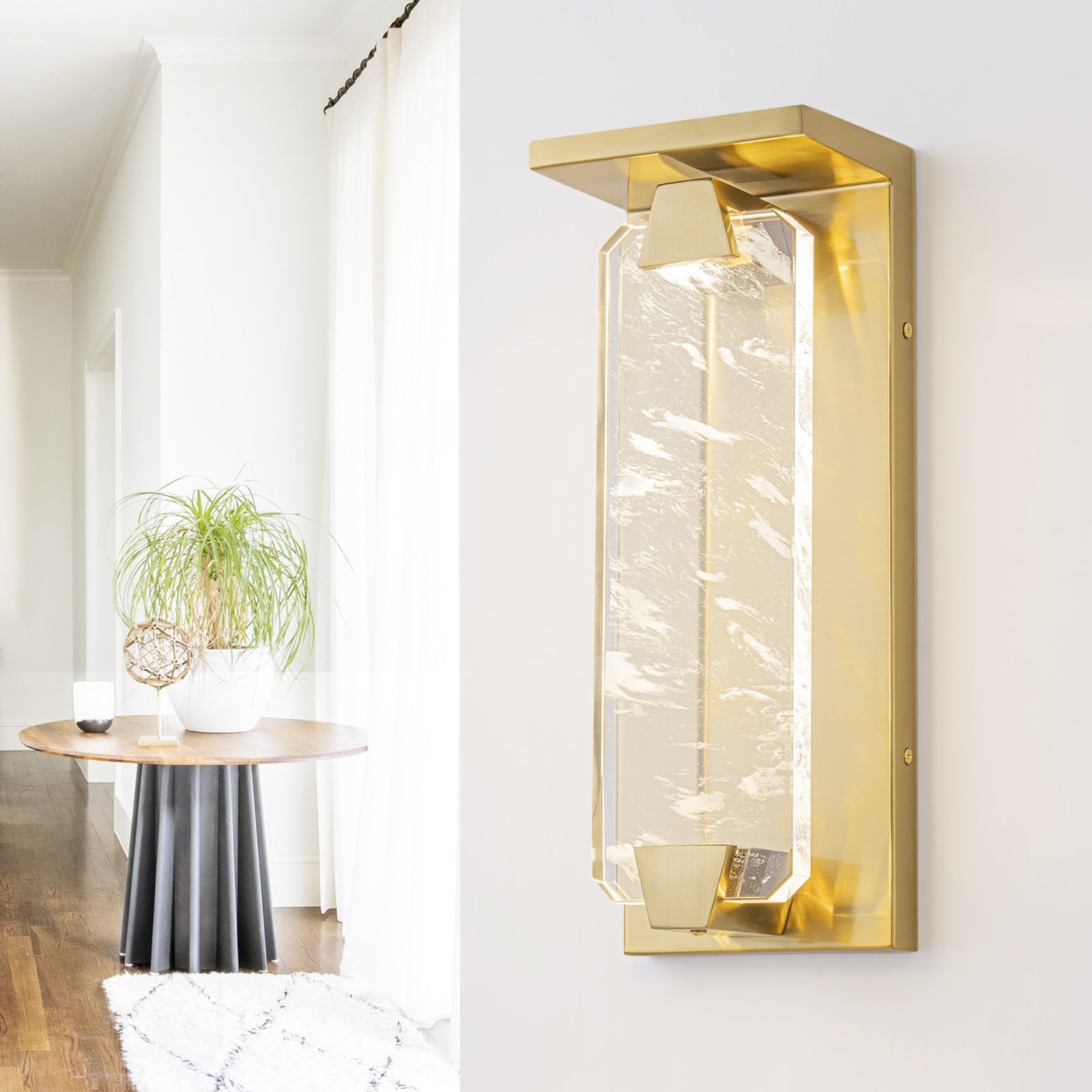 Brushed Gold Led Wall Sconce Hexagonal Clouded Glass Panel Dimmable