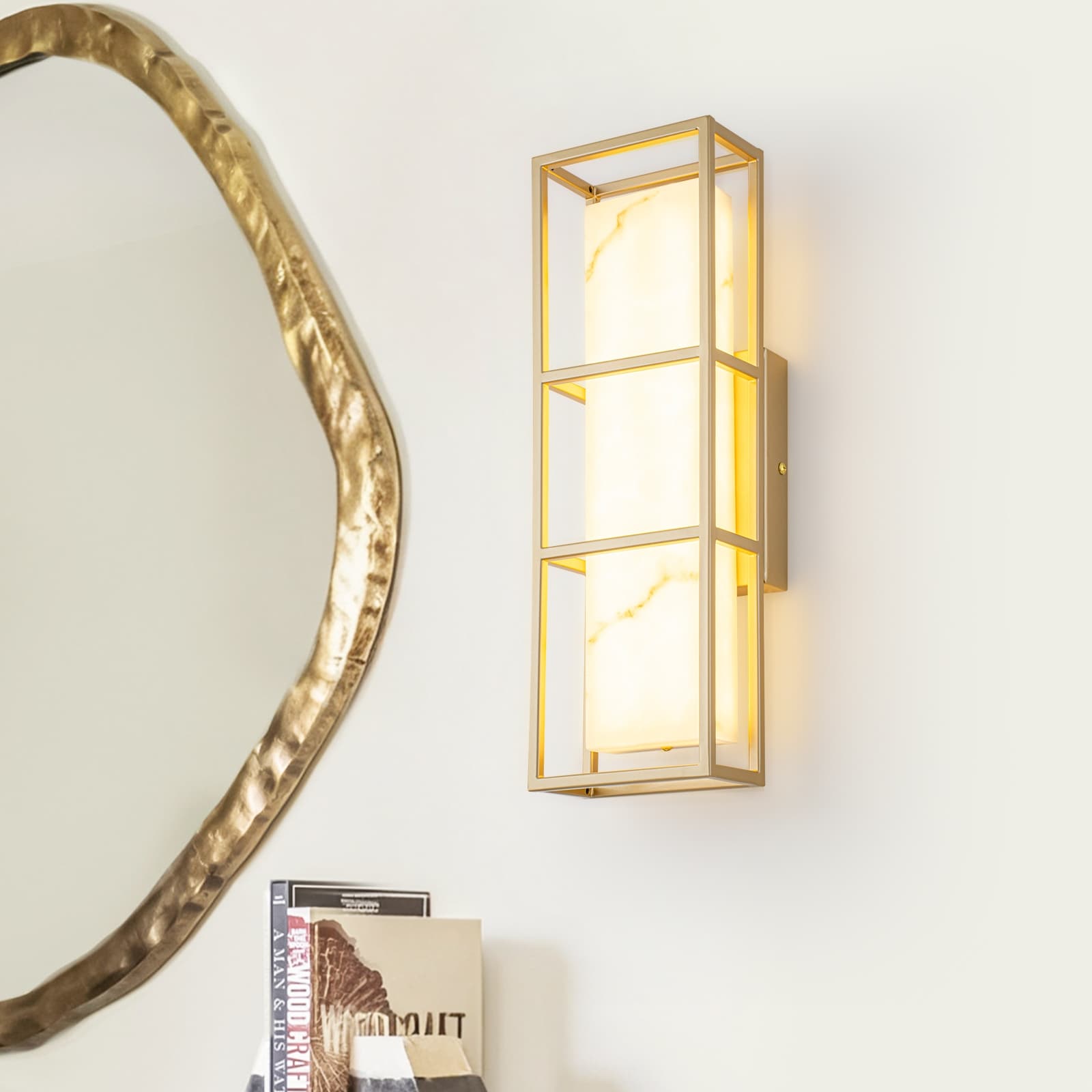 Brushed Gold Led Wall Sconce With White Alabaster Resin Shade