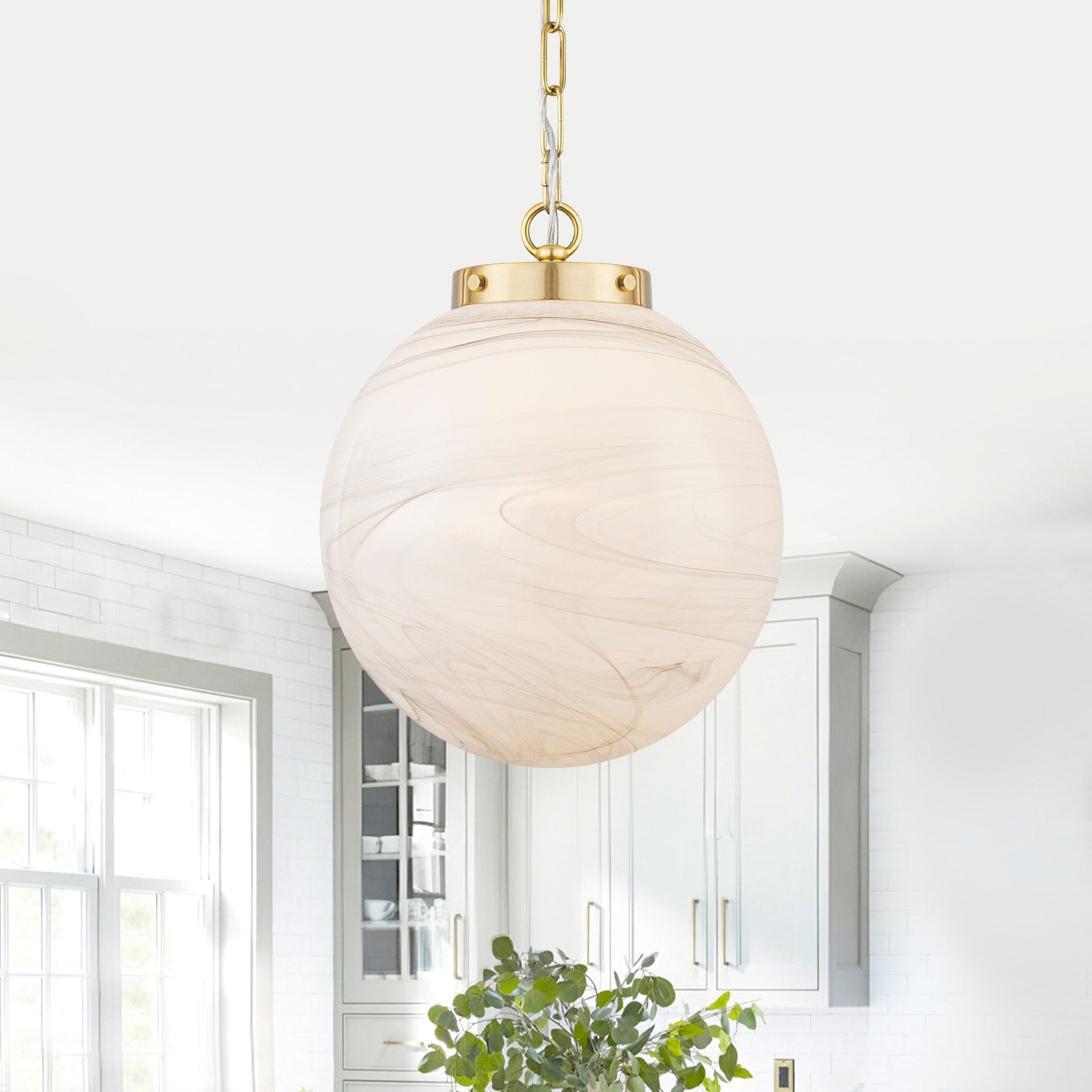 Brushed Gold Pendant Light With Marbled Glass Globe Kitchen Bedroom Dia.11.81 In