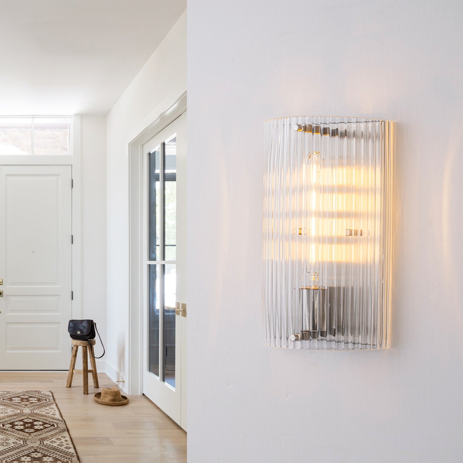 Brushed Nickel Wall Sconce Half Cylinder Fluted Clear Glass Shade