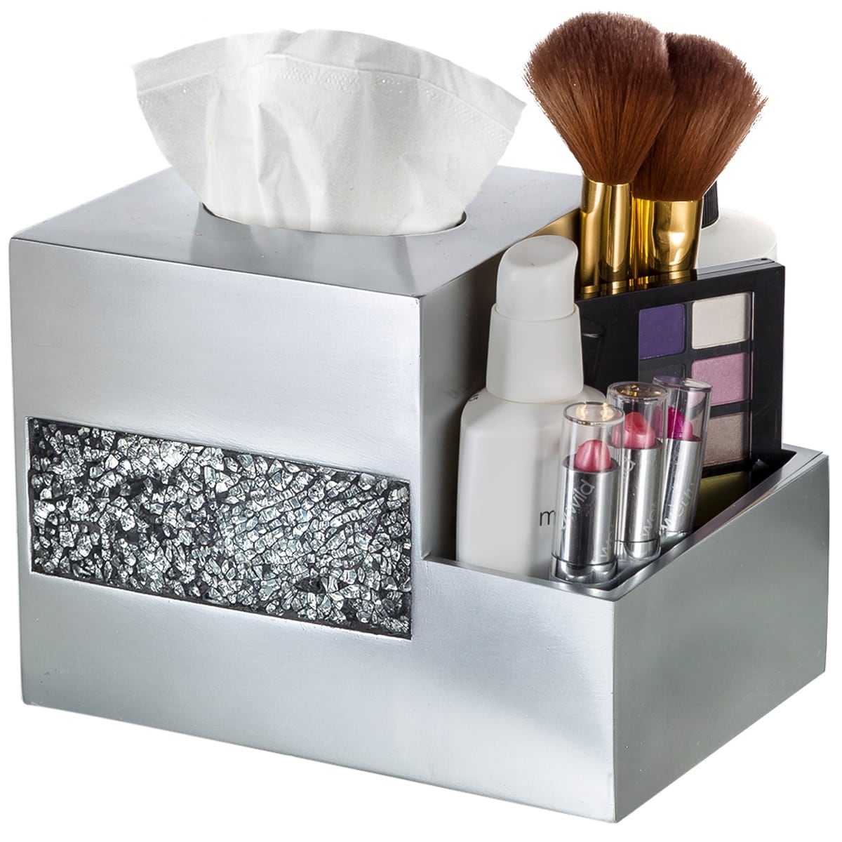 Brushed Nickle Tissue Box Cover Multi Function Organizer Silver