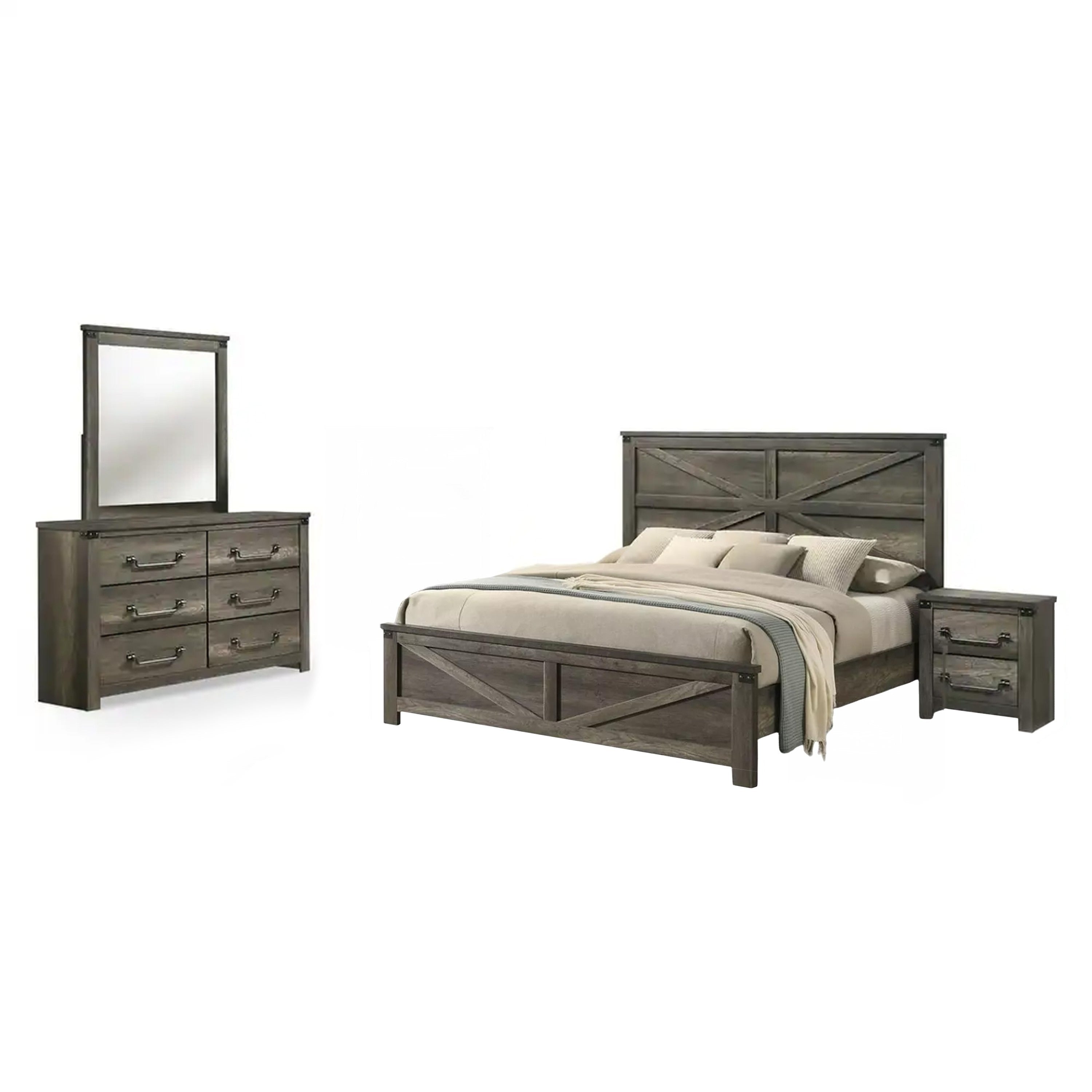 Bry 4Pc Farmhouse Queen Complete Bedroom Set Rustic Gray