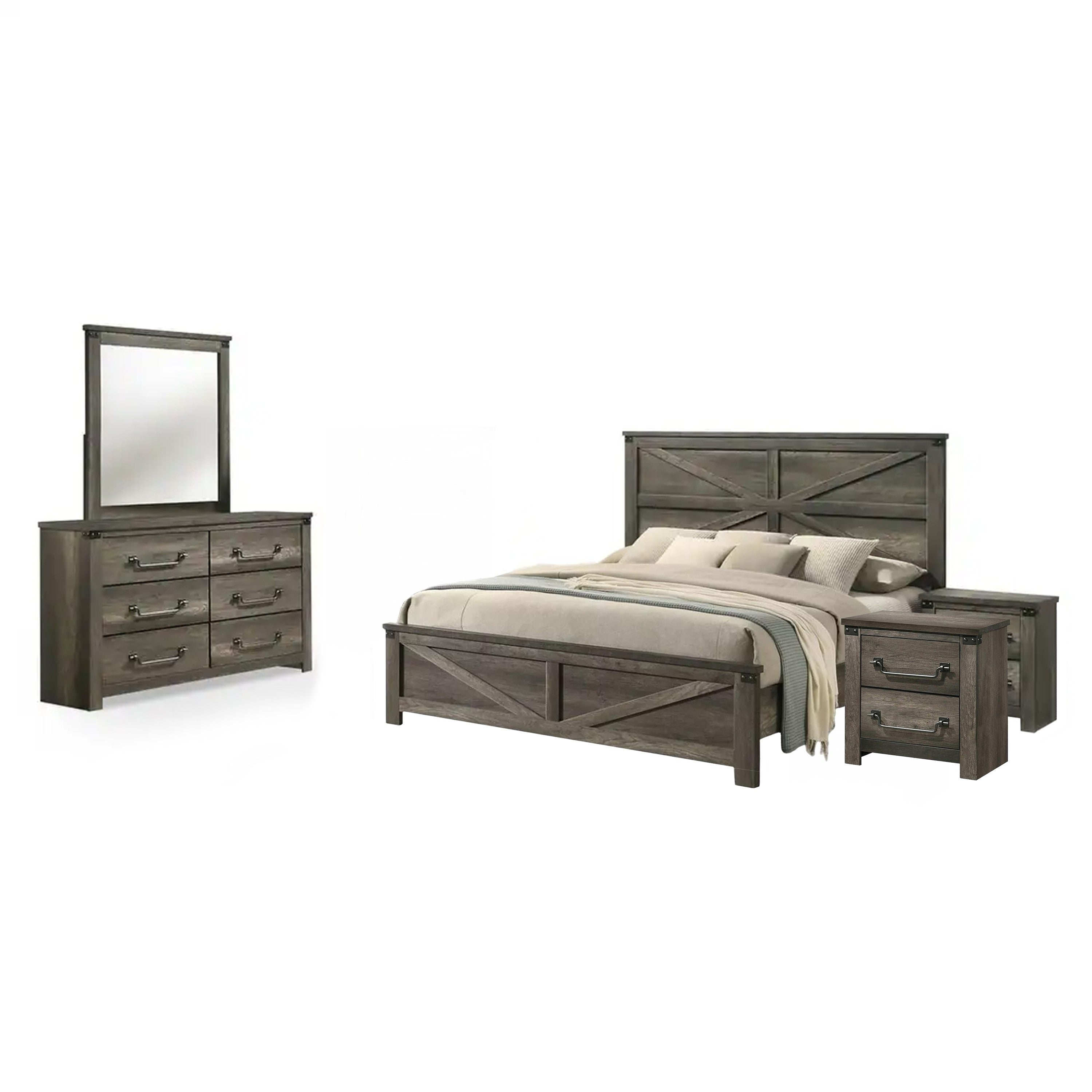 Bry 5Pc Farmhouse Queen Complete Bedroom Set Rustic Gray 2 Nightstands