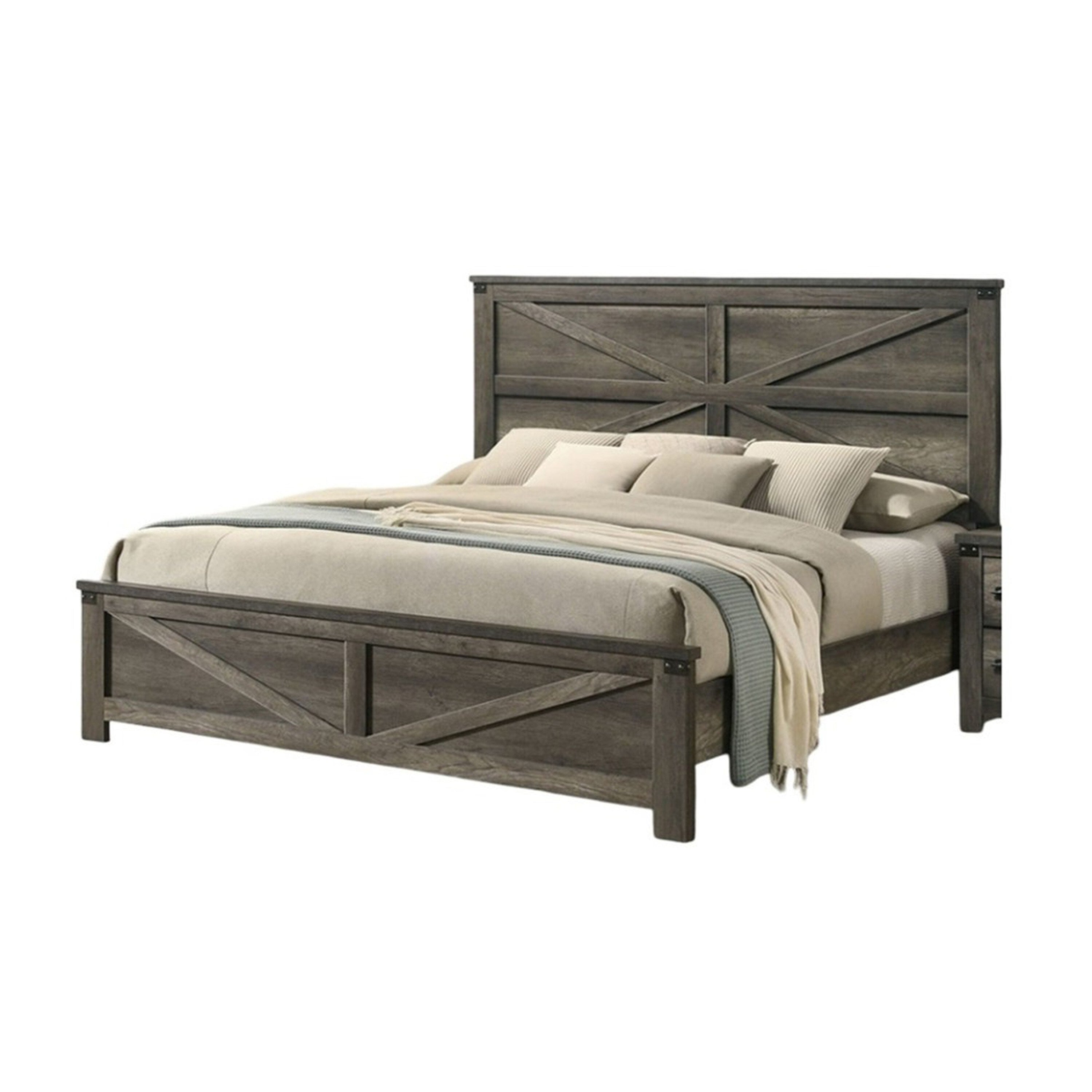 Bry Queen Size Bed W Chevron Panel Headboard Rustic Gray Wood Frame