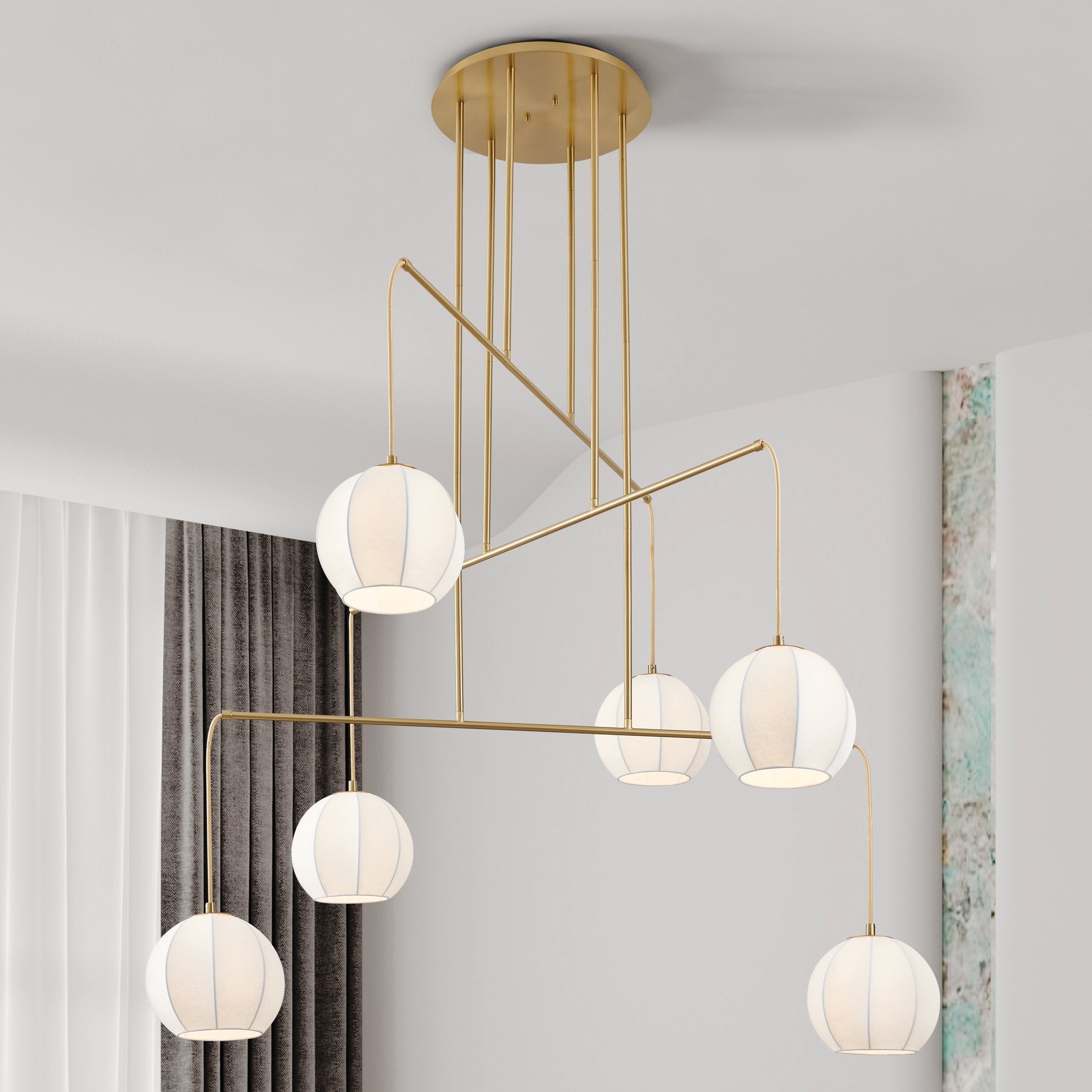 Bryony 48 Inch 6 Light Brushed Gold Chandelier With White Synthetic Silk Shades L 48 X W 48 X H 32.5 X M H 87.25