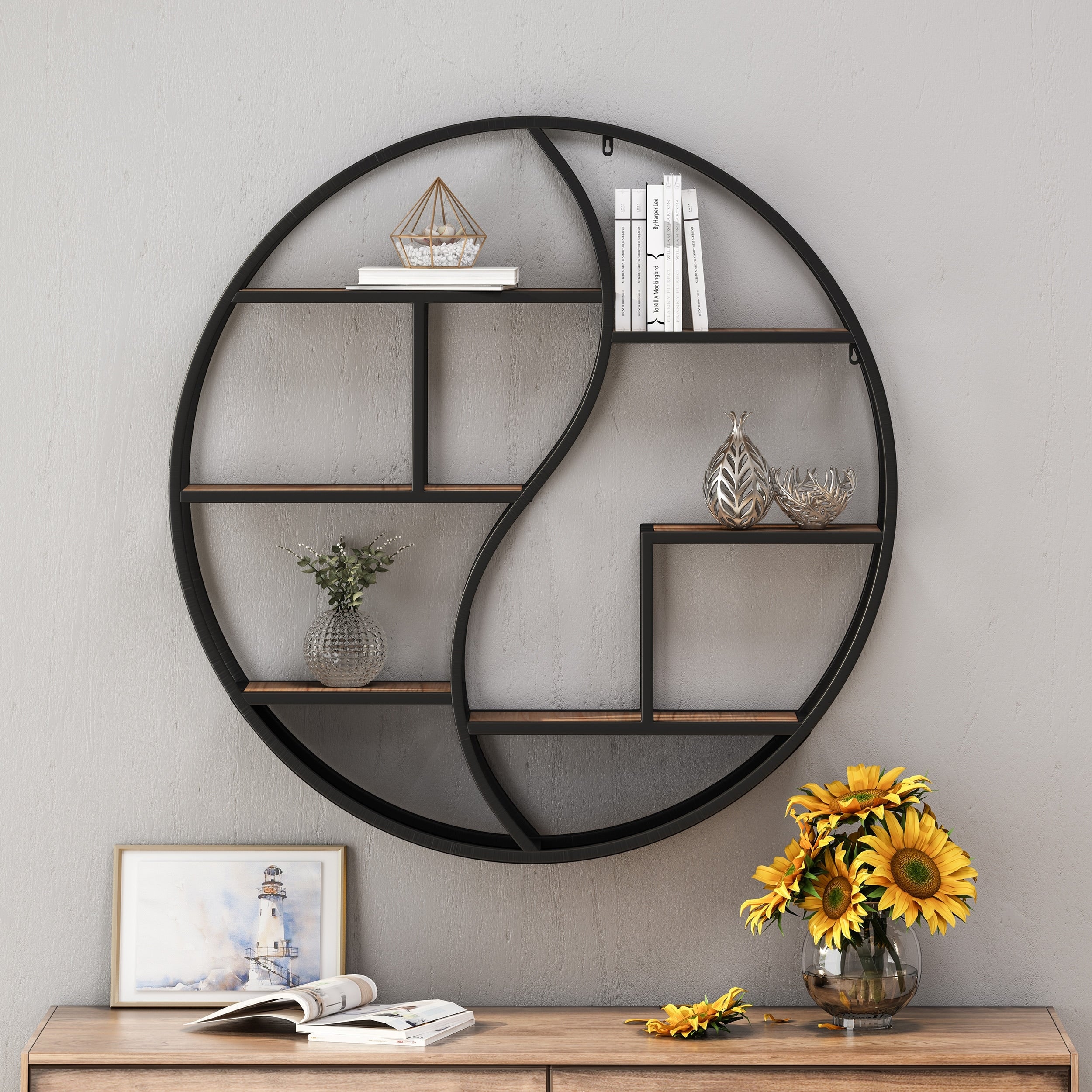 Christopher Knight Home Buckthorn Industrial Wood And Iron Hanging Circular Wall Shelf