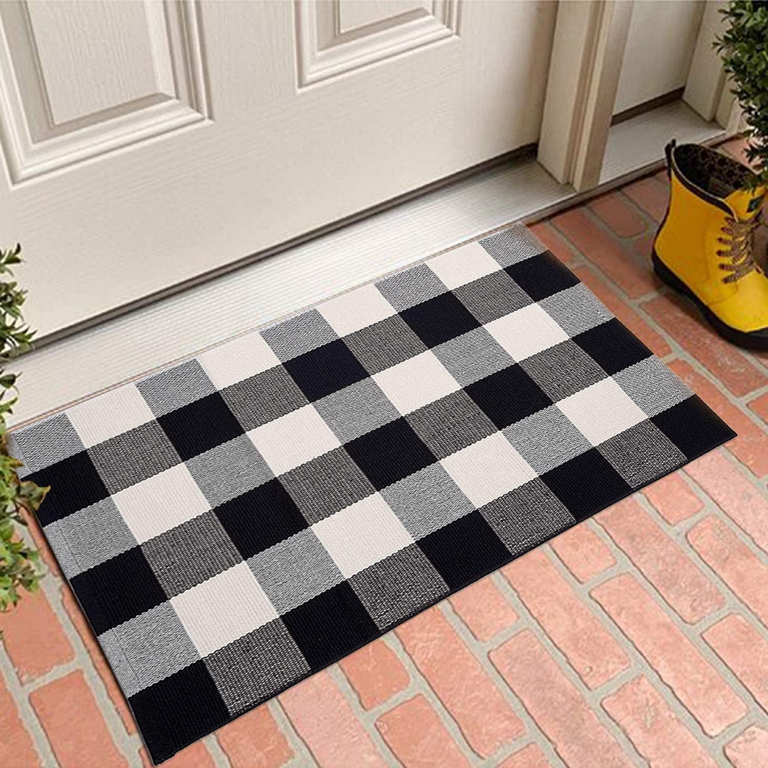Buffalo Plaid Check Rug Door Mat Bath Runner Black White Check