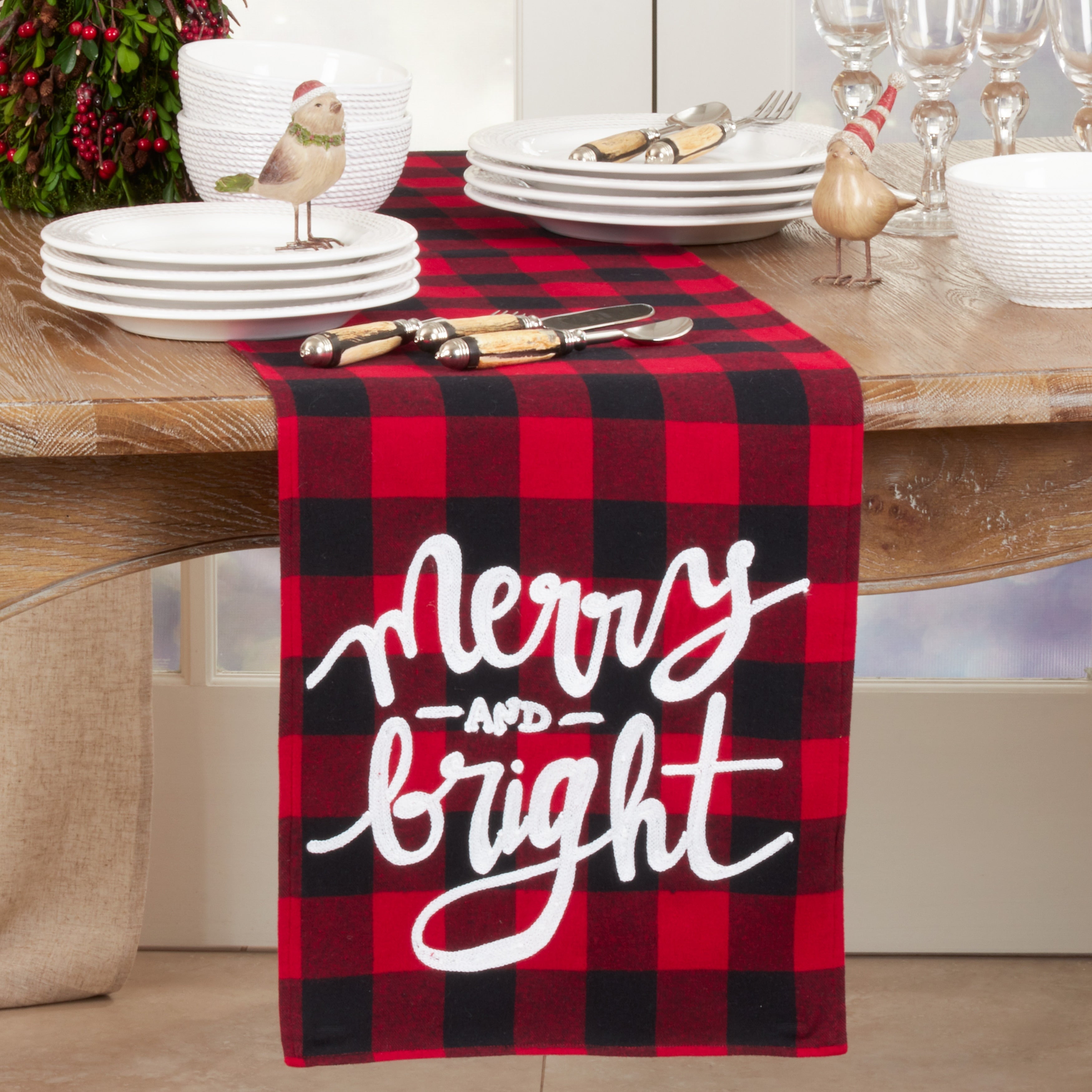 Buffalo Plaid Table Runner With Merry And Bright Design