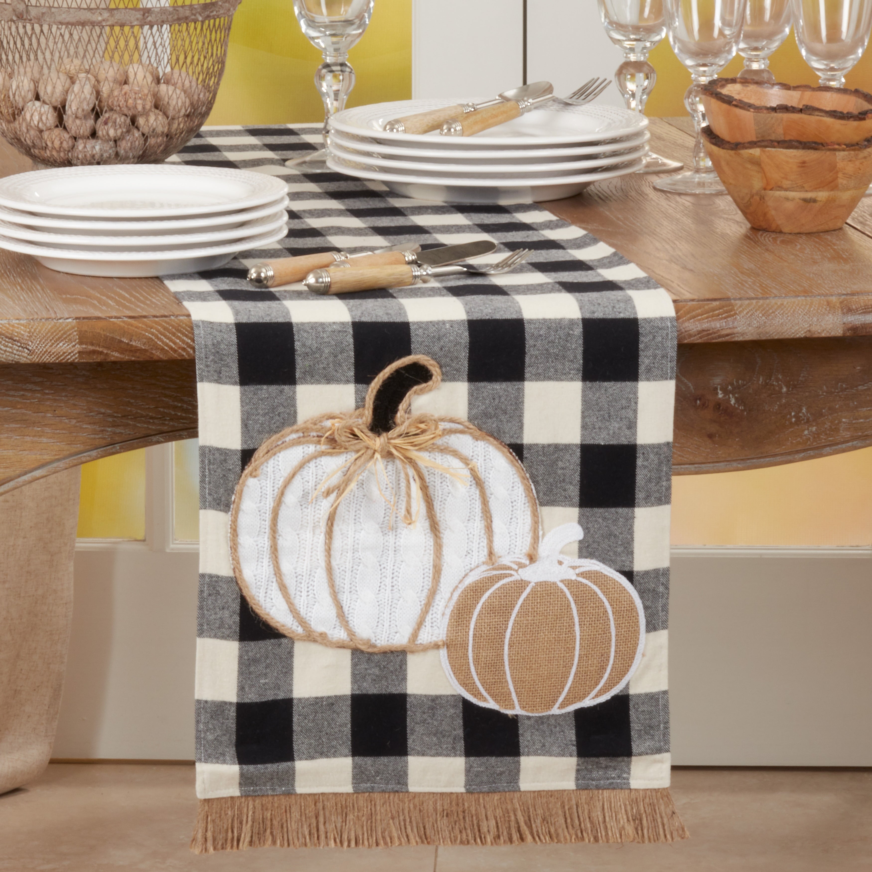 Buffalo Plaid Table Runner With Pumpkin Design 14 X72