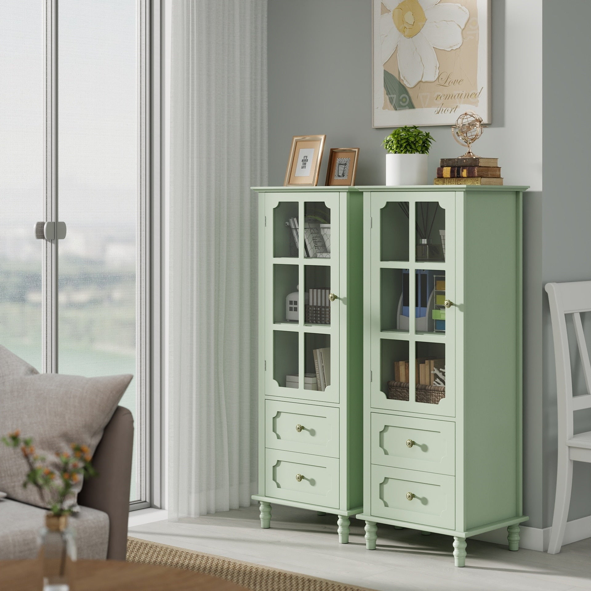 Buffet Cabinet With Glass Doors 2 Drawers Multi Functional Wooden Storage Cabinet Accent Cabinet With Solid Wood Legs