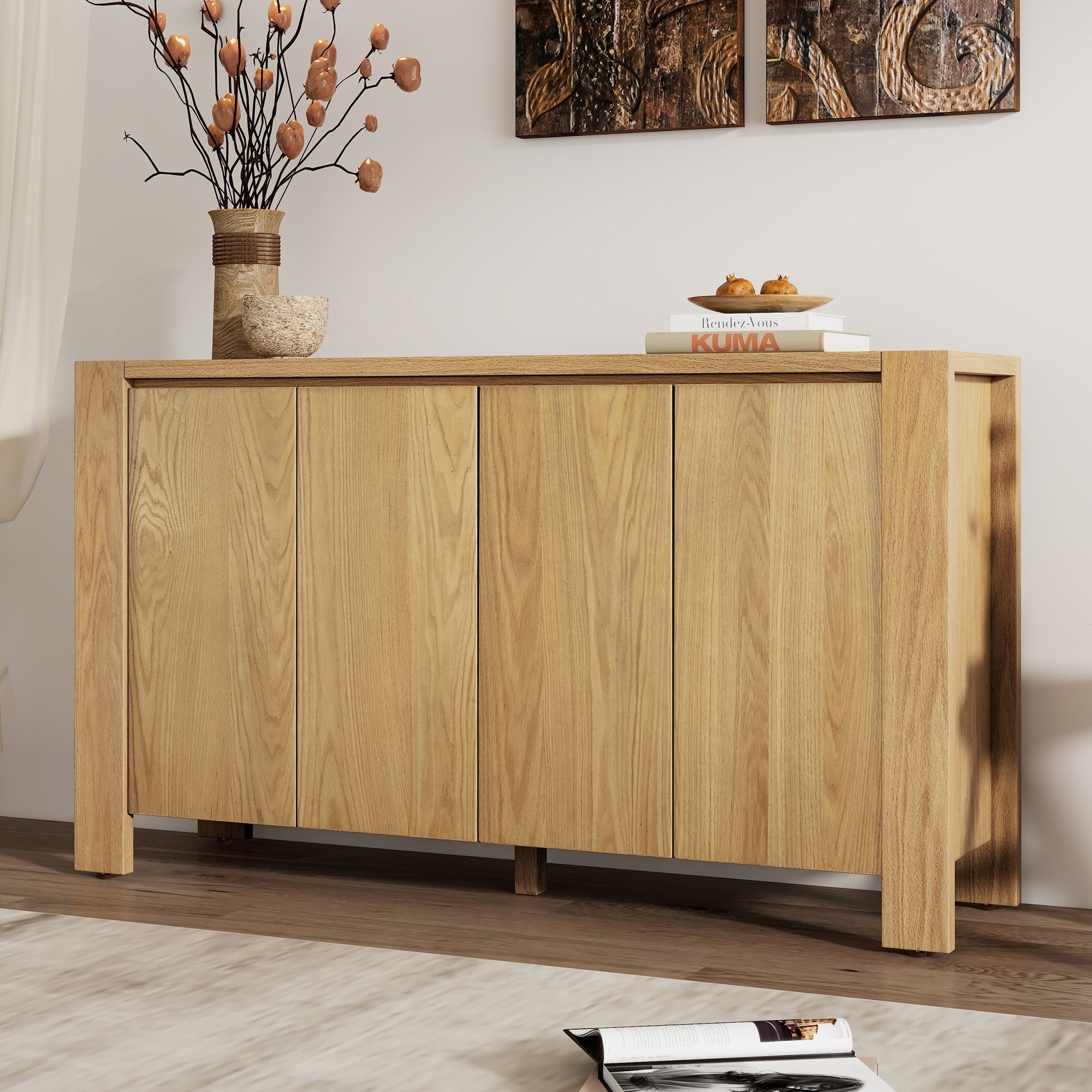 Buffet Cabinet With Storage 4 Door Retro Wood Sideboard With Distressed Finish And Adjustable Shelves For Dining Room