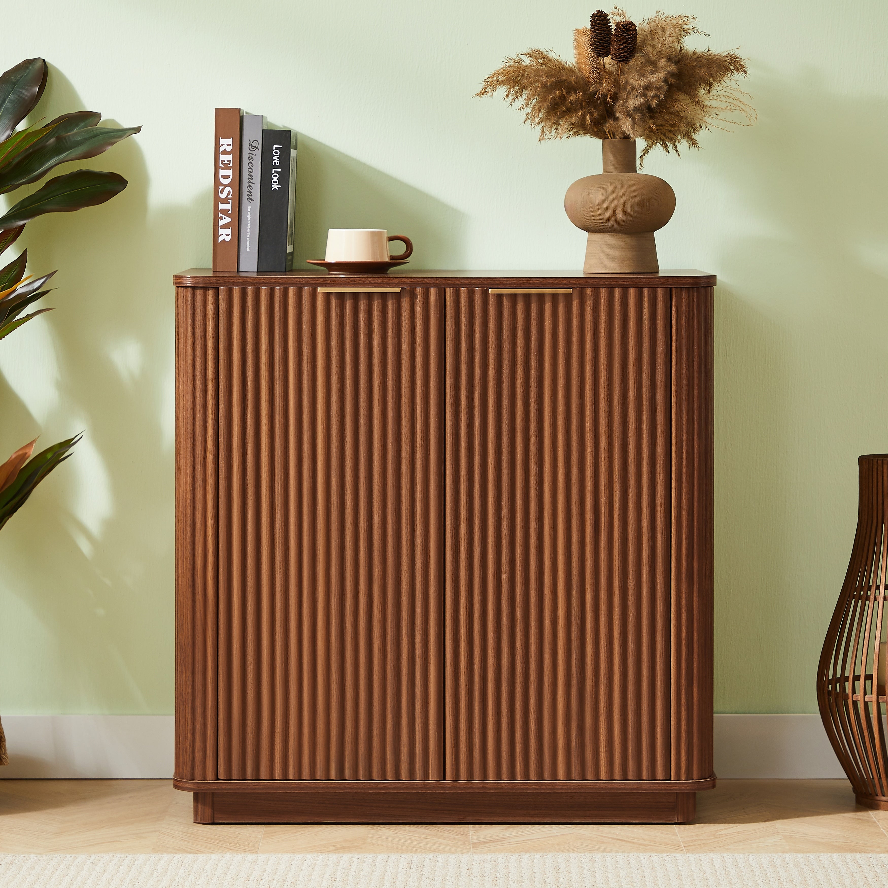 Buffet Cabinet With Wavy Grain Panel Freestanding Wooden Storage Cabinet Entryway Table With Adjustable Shelves
