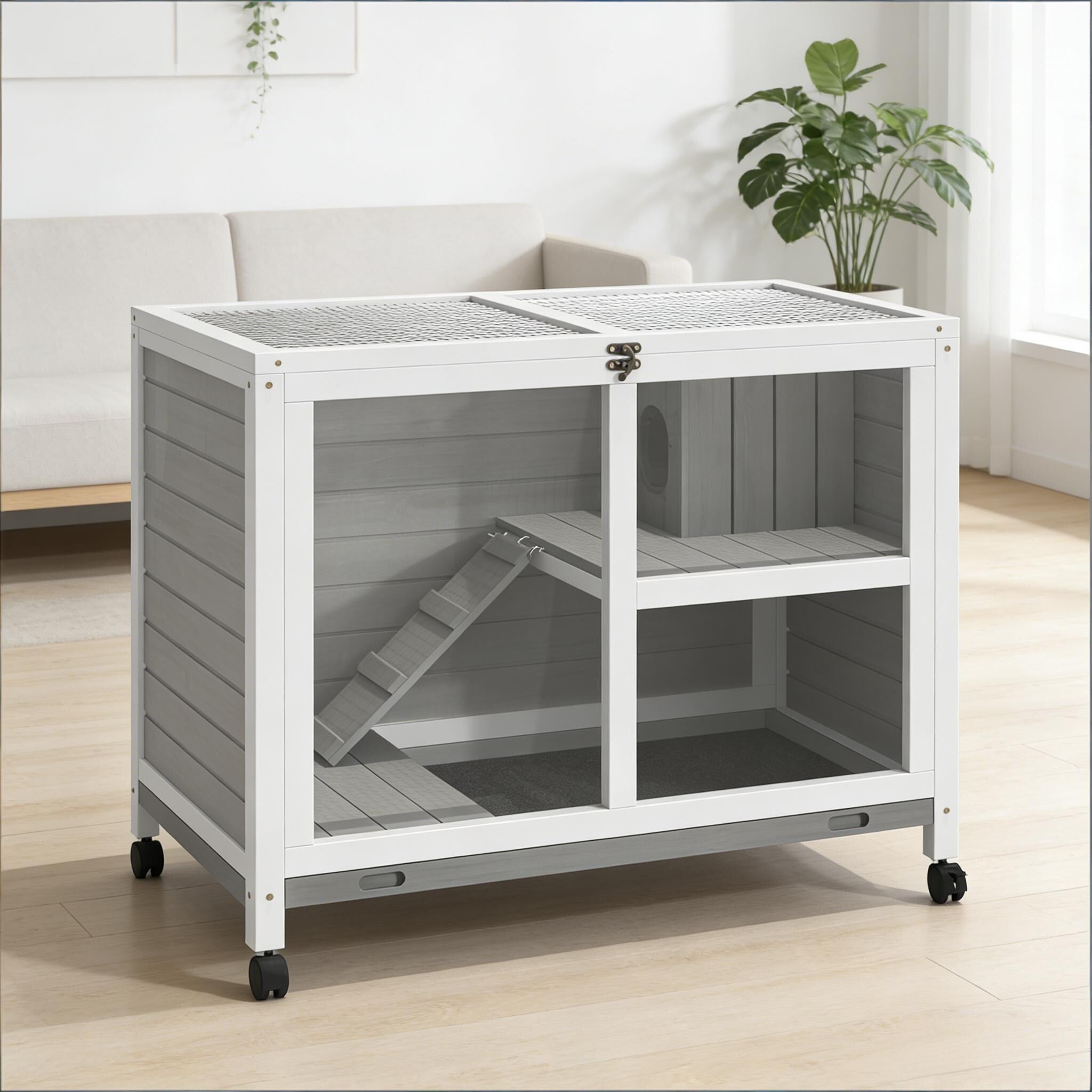 Bunny Cage With Wheels Small Rabbit Hutch Spacious Pet House Is Designed For Convenient Cleaning Gray White