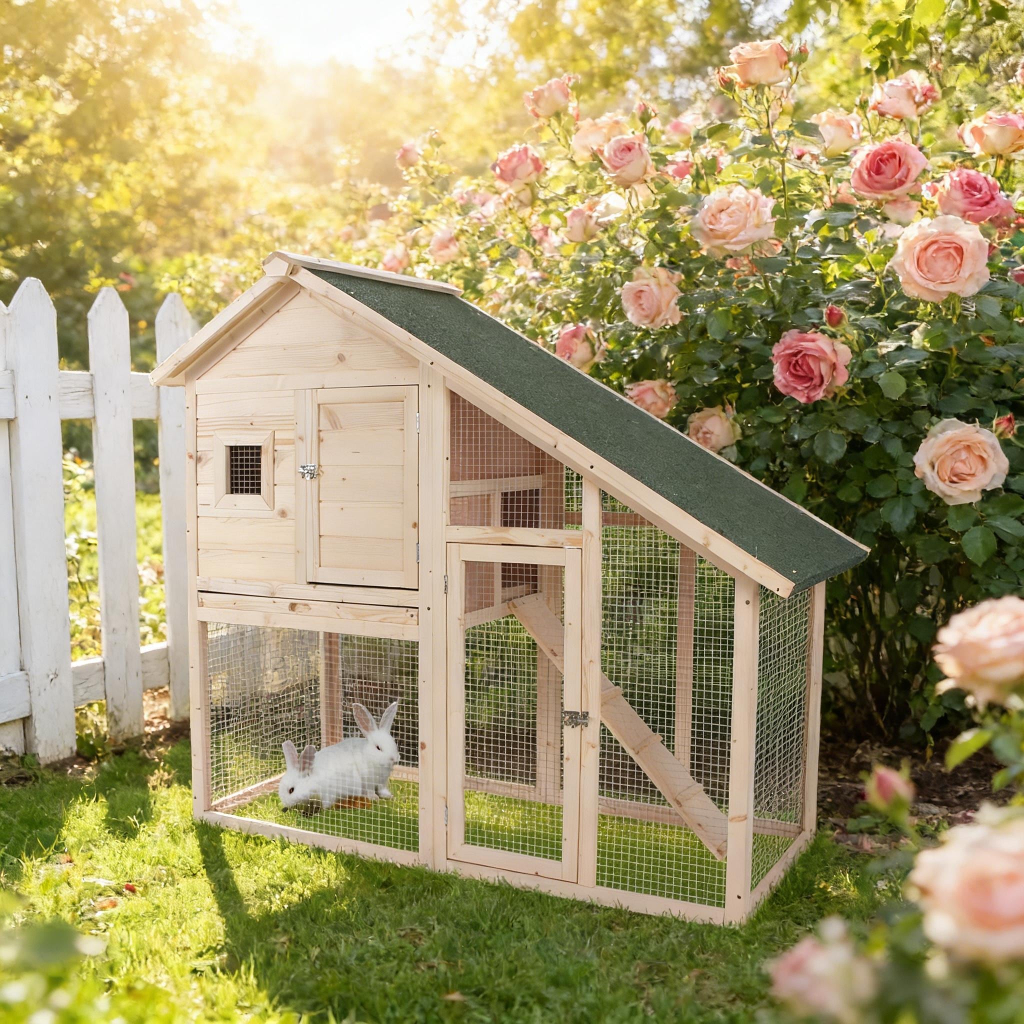 Bunny Cage Weatherproof Rabbit Hutch Spacious Pet House Is Designed For Convenient Cleaning Natural Wood